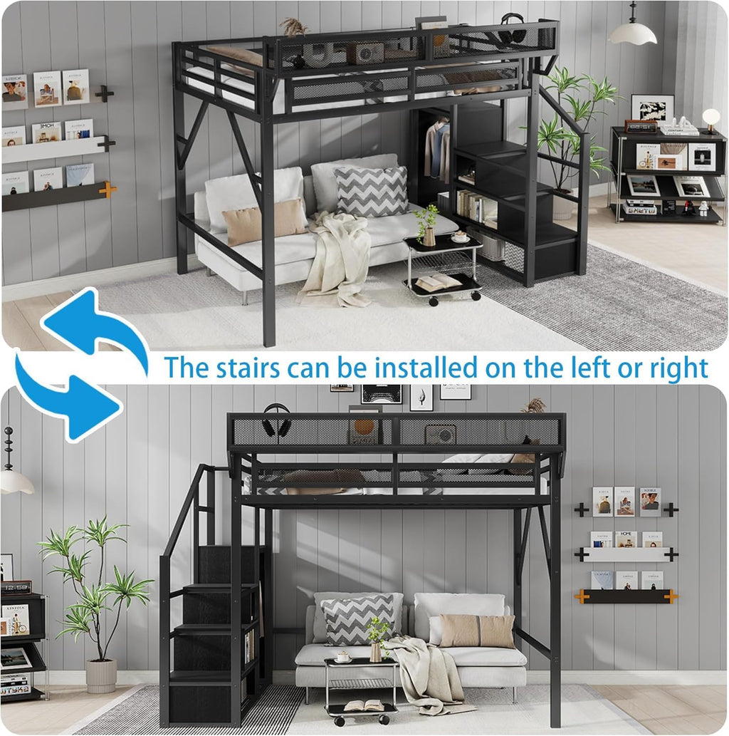 Mirightone Full Size Loft Bed with Stairs, Metal Loft Beds, High Loft Bed Frame with Storage Shelves, Lofted Full Bed with Wardrobe for Kids and Teens, No Box Spring Needed (Black)