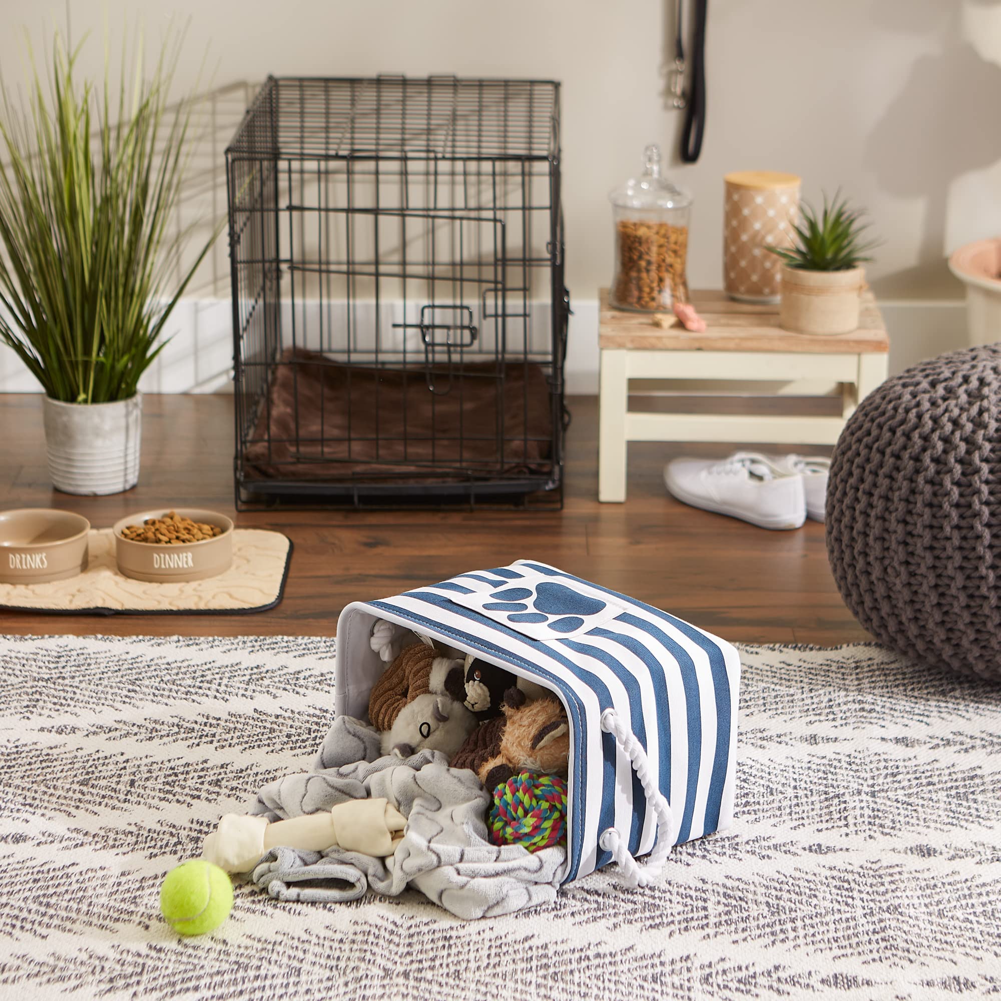 Bone Dry Pet Storage Collection Striped Paw Patch Bin, Aqua, Small Rectangle