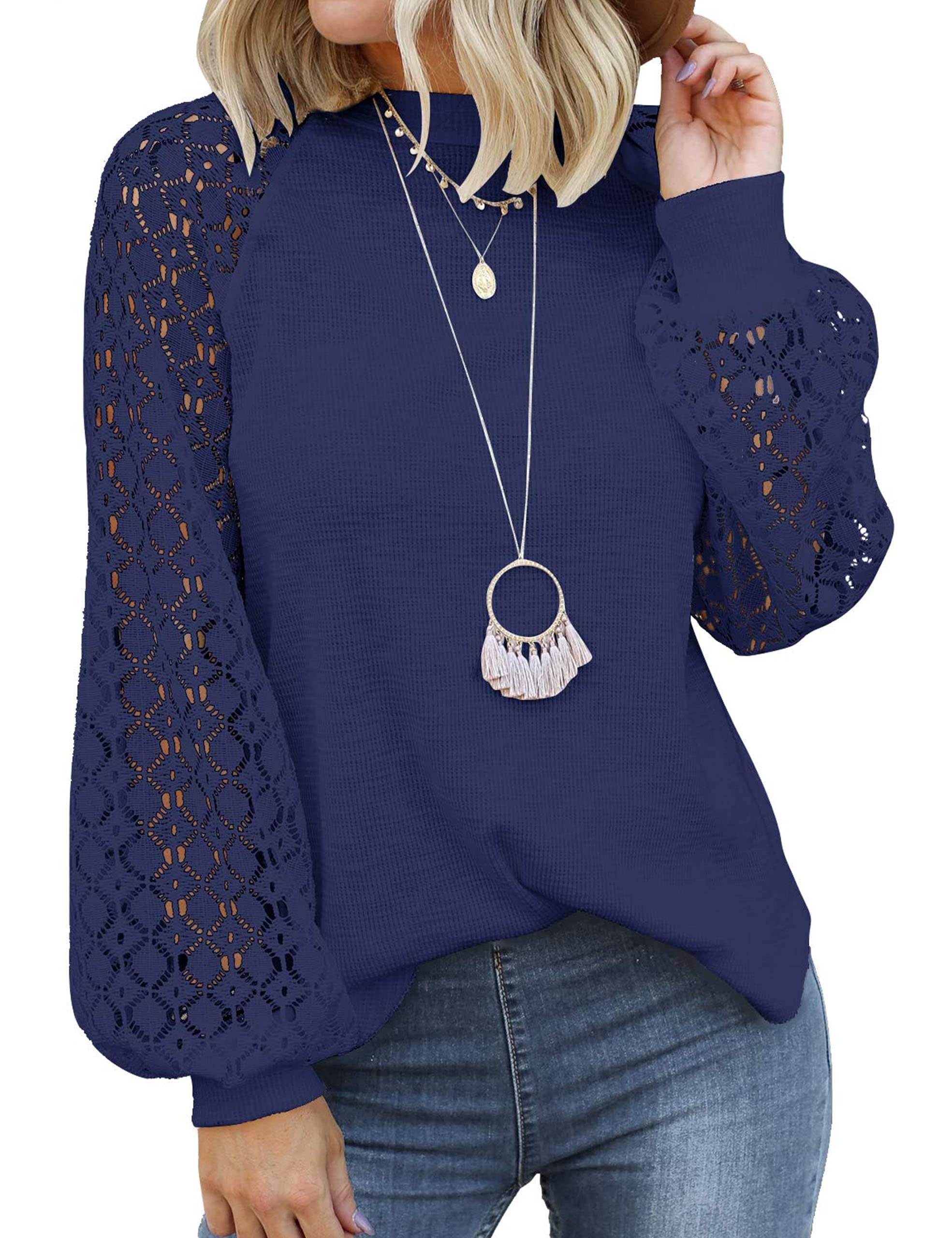 MIHOLL Women's Long Sleeve Tops Lace Casual Loose Blouses Shirts Dressy Outfits