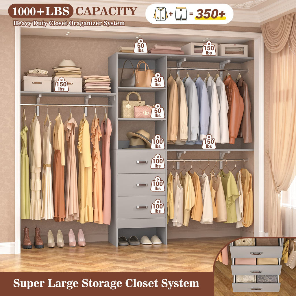 iSunirm 8FT Closet System, 96'' Closet Organizer System with 3 Hanging Rods, Wall Mount Bedroom Wardrobe with 3 Drawers Walk-in Closet, Adjustable Cloth Garment Rack from 5 to 8FT (Cut to Fit), Black