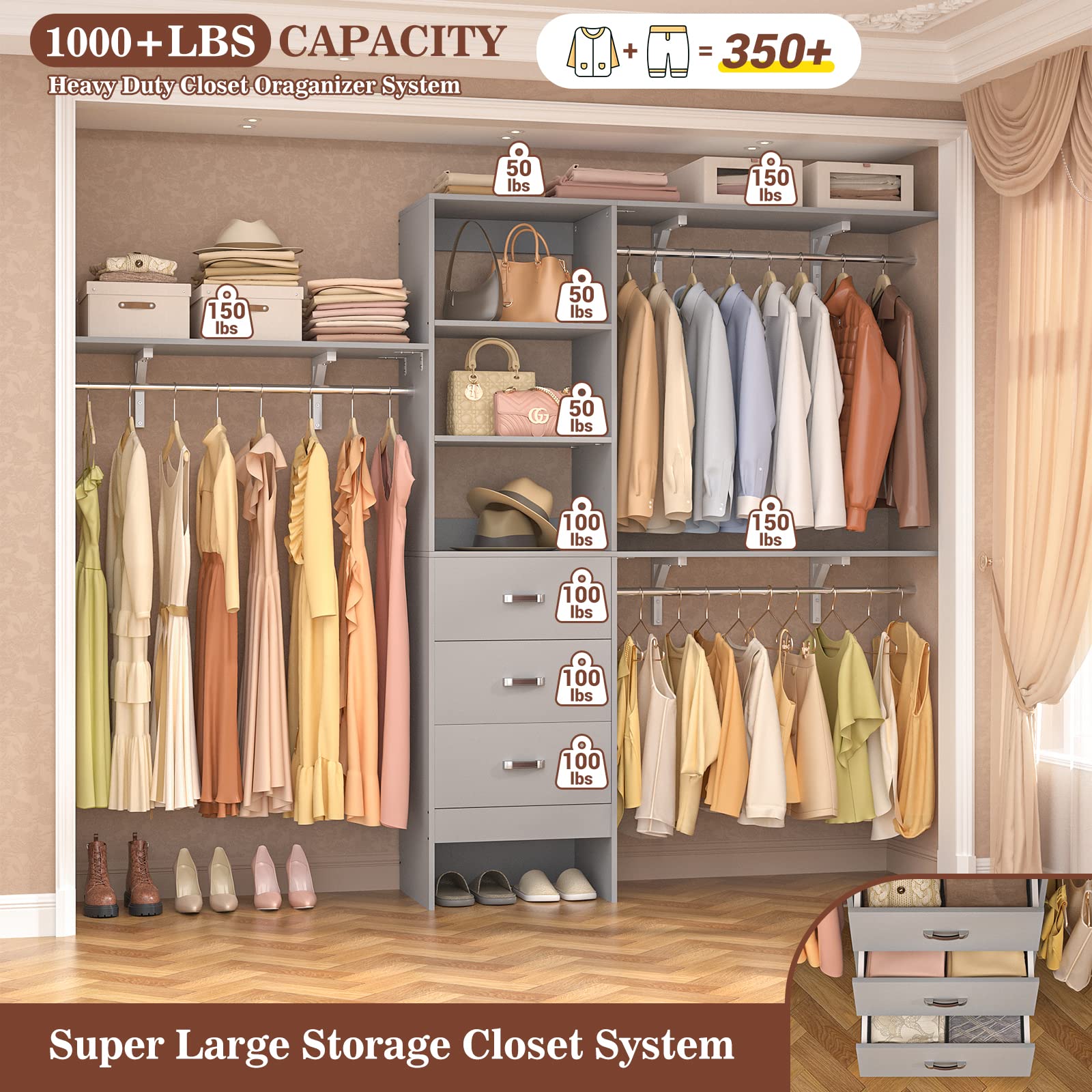 iSunirm 8FT Closet System, 96'' Closet Organizer System with 3 Hanging Rods, Wall Mount Bedroom Wardrobe with 3 Drawers Walk-in Closet, Adjustable Cloth Garment Rack from 5 to 8FT (Cut to Fit), Black