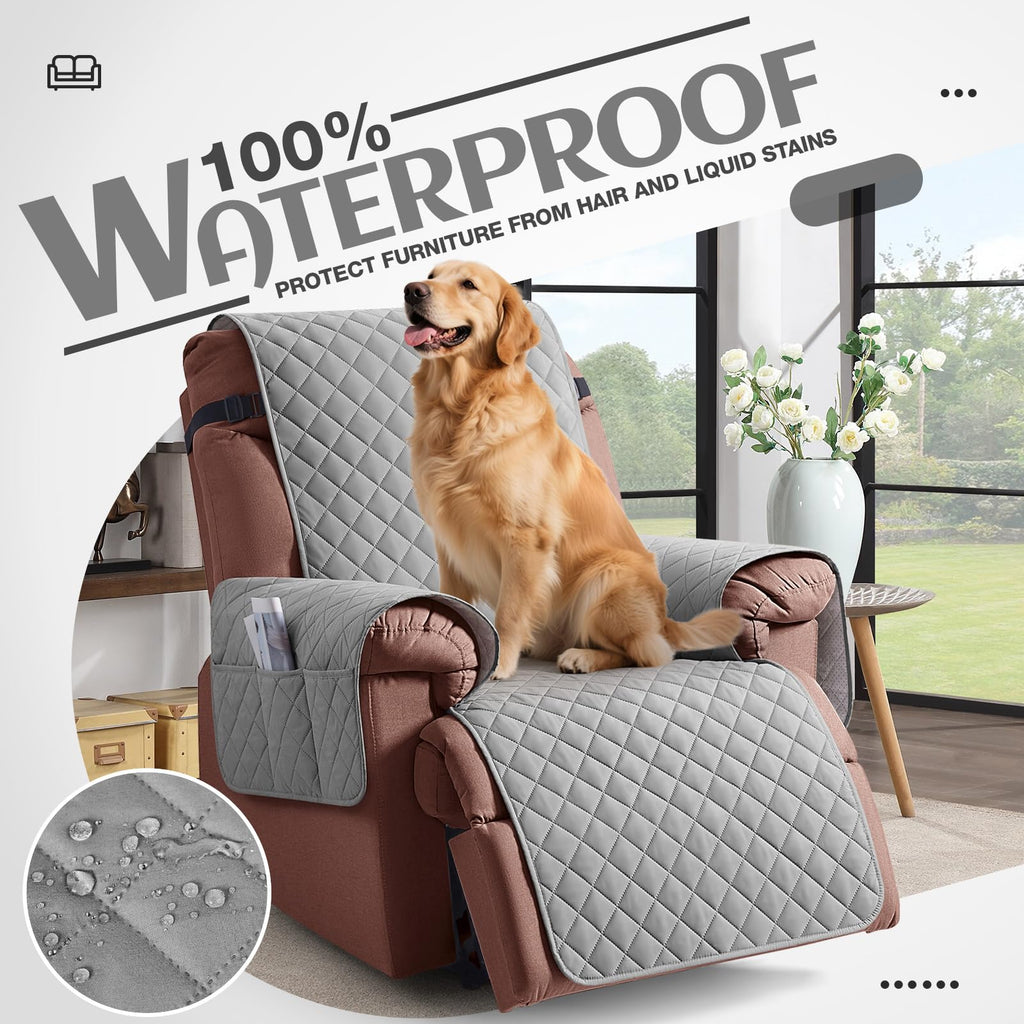 KinCam 100% Waterproof Recliner Chair Cover, Reclining Couch Covers for Pets, Dogs, Recliner Couch Slipcover Furniture Protector with Elastic Straps for Kids(23.6", Beige White)