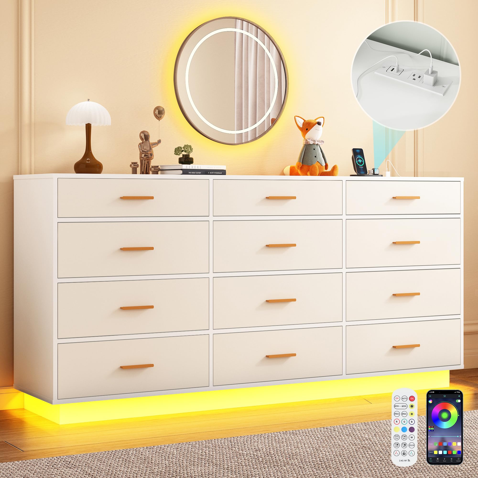 chartustriable Black 12 Drawers Dresser w/Power Outlet,60000-Colors Lights for Kids Bedroom,Modern 63In Long Dresser for Closet,Wooden Tall Dressers w/Large Storage for Entryway,Hallway