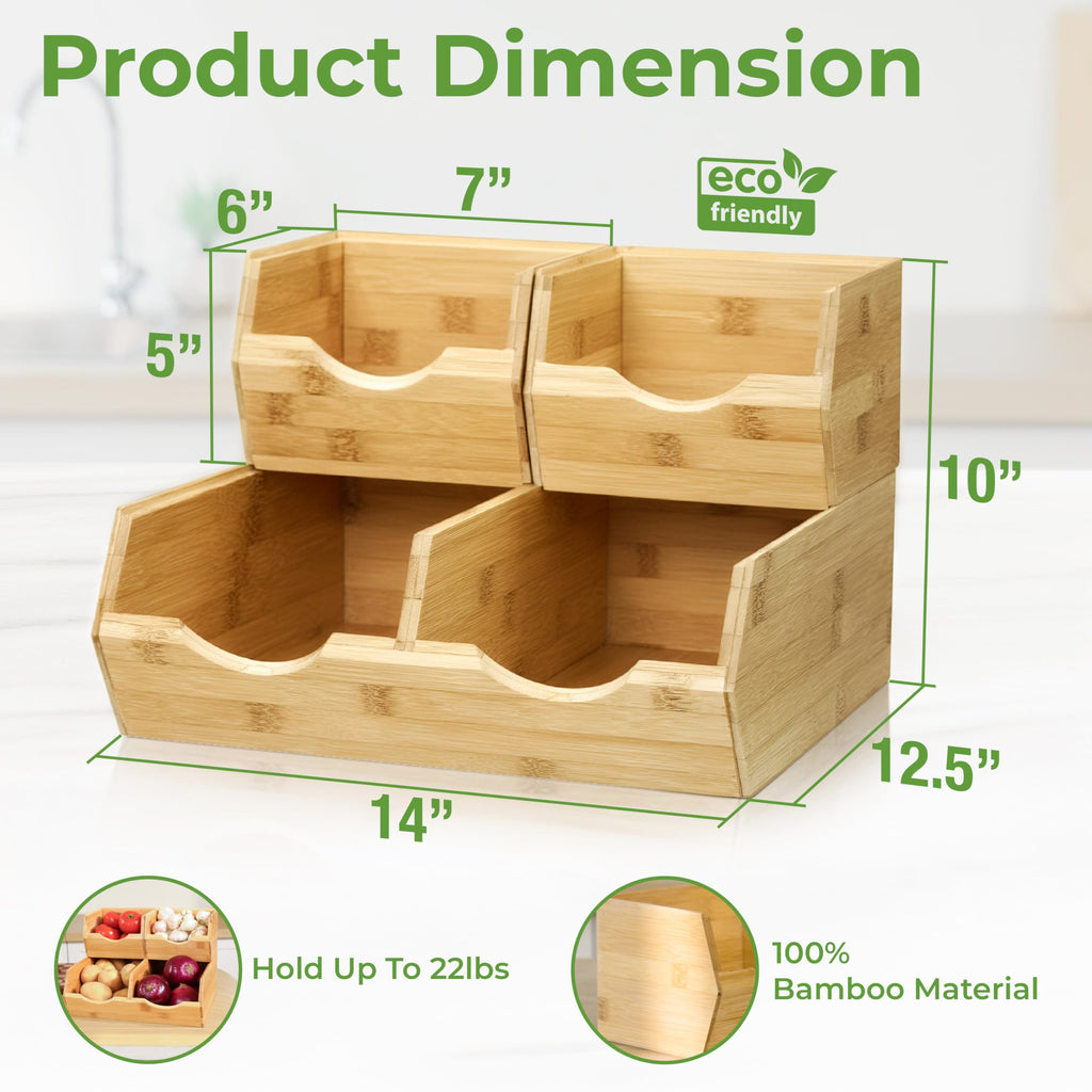 HOMESTEAD Bamboo Pantry Storage Bins – Stackable Potato & Onion Storage Bin for Kitchen Countertop, Pantry Organizer, Fruit Vegetable Basket, Multiuse - Set of 3 Slide-Out Access