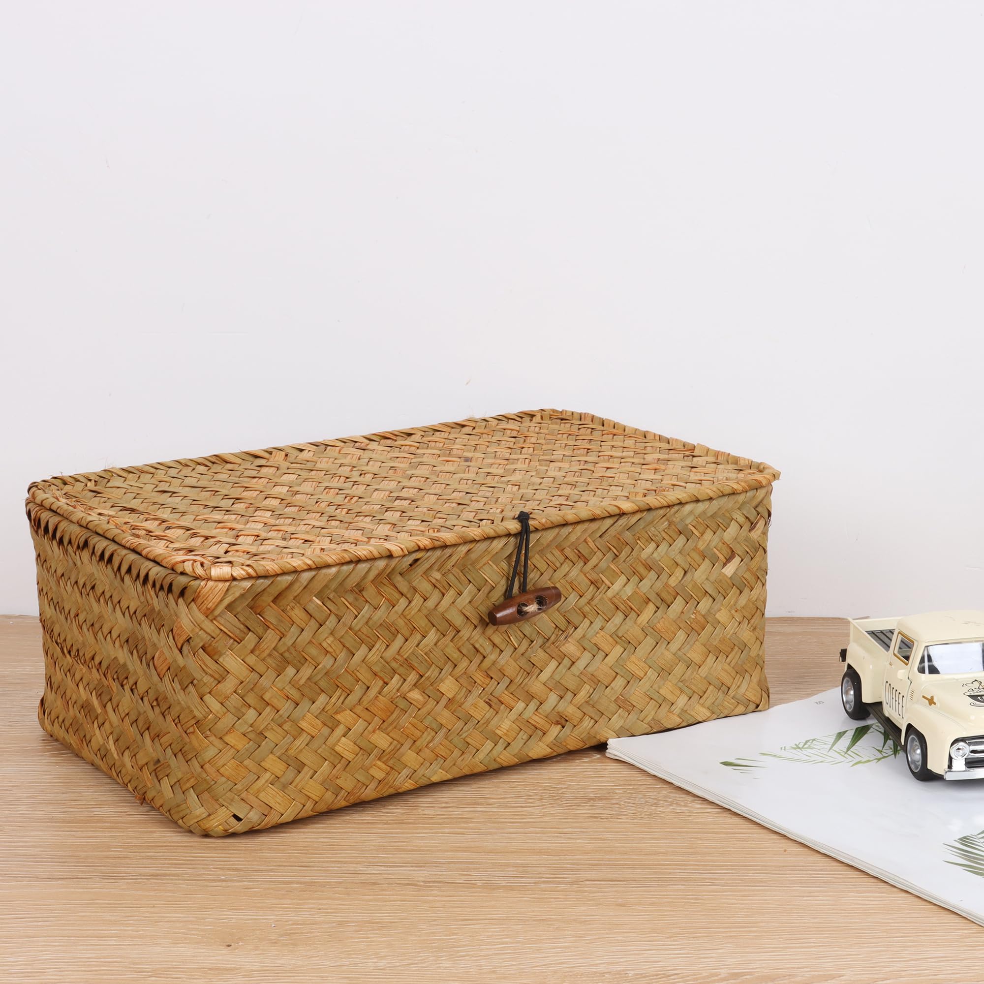 FEIALNDUO Wicker Shelf Baskets with Lid,Seagrass Storage Basket Bins Rectangular Handwoven Basket Boxes for Shelves Desktop Home Organizer (Coffee, X-Small)