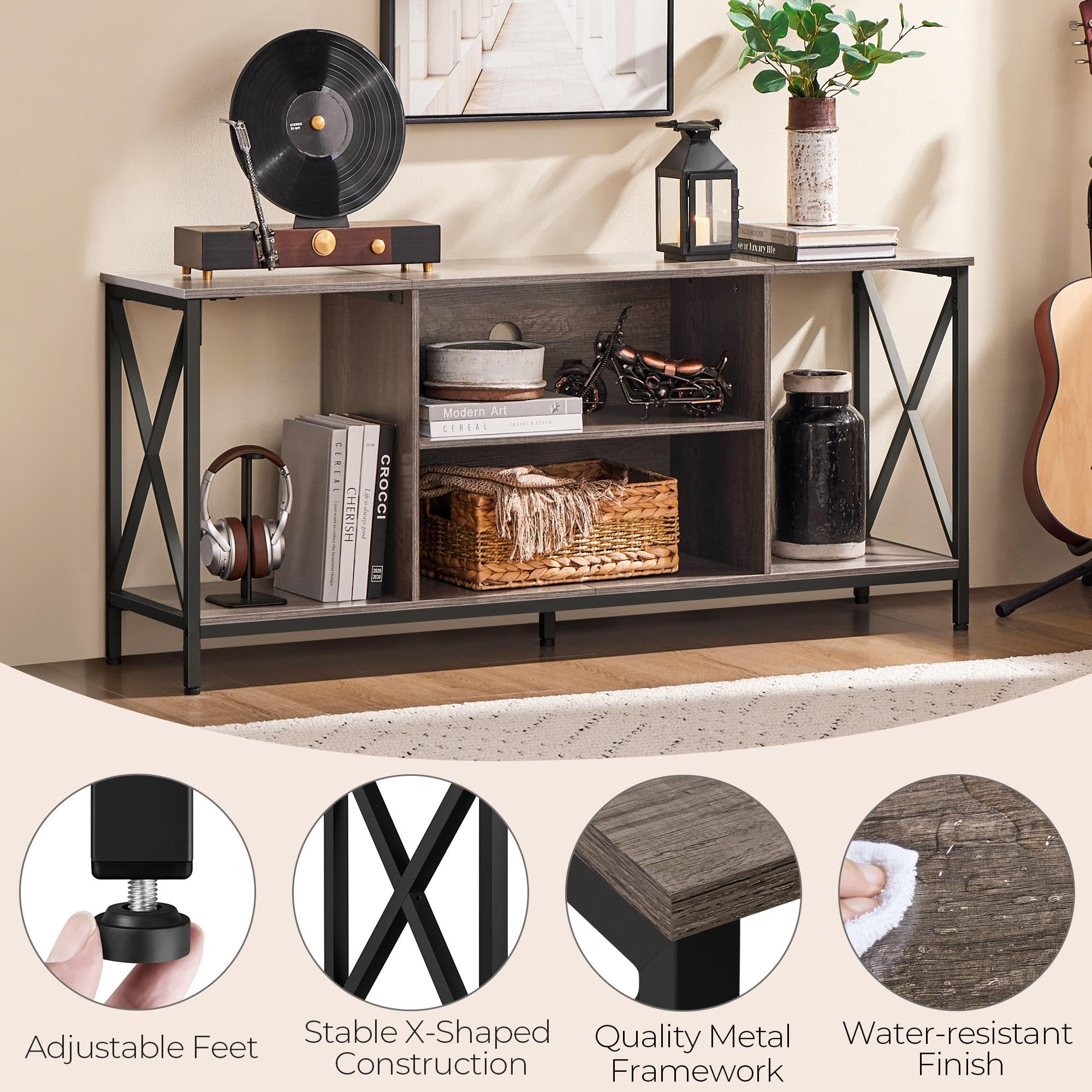 Yaheetech Industrial TV Stand for 55 Inch TV, Entertainment Center Media Console Table with Open Storage for Living Room, Wood Modern Furniture, Gray