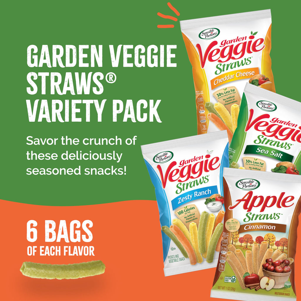 Sensible Portions Garden Veggie Snacks - Veggie Straws, Snack Size Variety Pack, Sea Salt & Zesty Ranch, 1 Oz (Pack of 24)