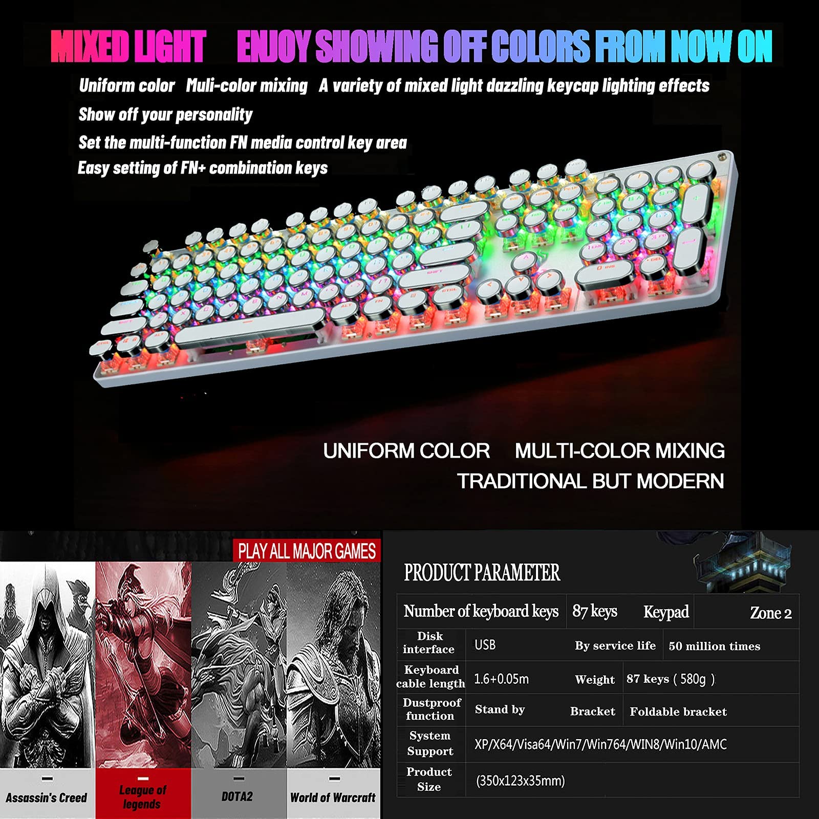 YSCP Typewriter Style Mechanical Gaming Keyboard RGB Backlit Wired with Blue Switch Retro Round Keycap 104 Keys Keyboard (R-Black)