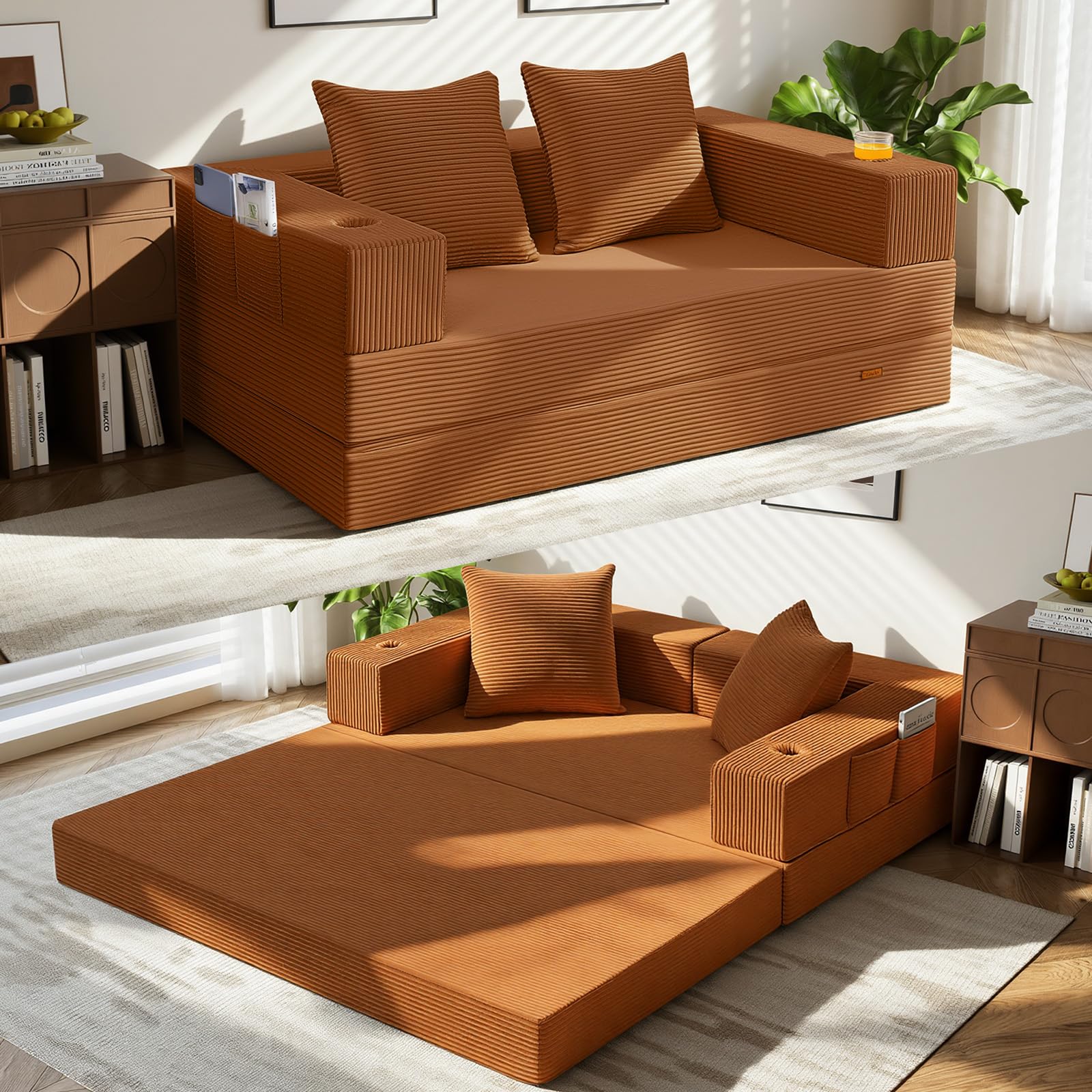 COMAX Futon Sofa Bed, 4‑in‑1 Convertible Sofa Bed, Folding Boneless Couches | Boneless Couch for living room, Fold Out Small Foldable Loveseat Floor Sleeper Mattress Lounge Space‑Saving, Ash Gray
