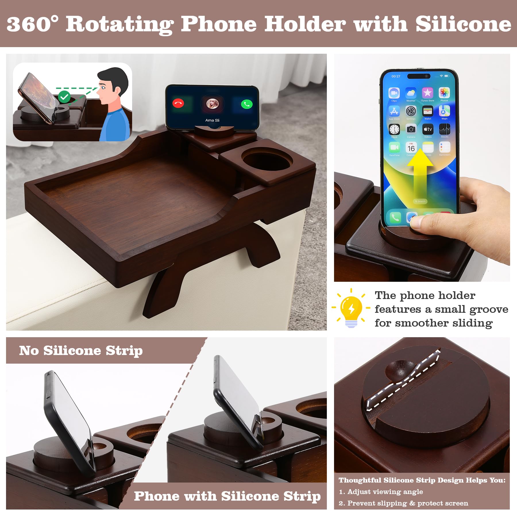 GHKINMAL Couch Cup Holder Tray, 15.4"x9.9" Large 4 in 1 Couch Arm Tray with 360°Rotated Phone Holder, Non-Slip Clip on Side Table for Drinks/Remote/Snacks, Ideal Gift for Husband, Wife, Parents