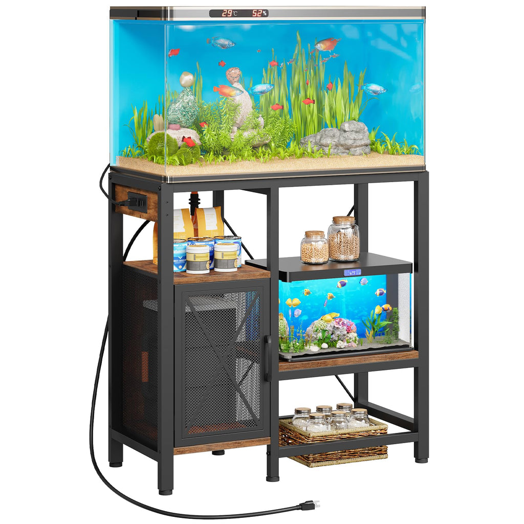 MAHANCRIS 20-37 Gallon Fish Tank Stand, Aquarium Stand with Power Outlet and Storage Cabinet, Heavy Duty Tank Stand Suitable for Turtle Tank, Reptile Terrarium, for Home Office, Black FTHB40E01