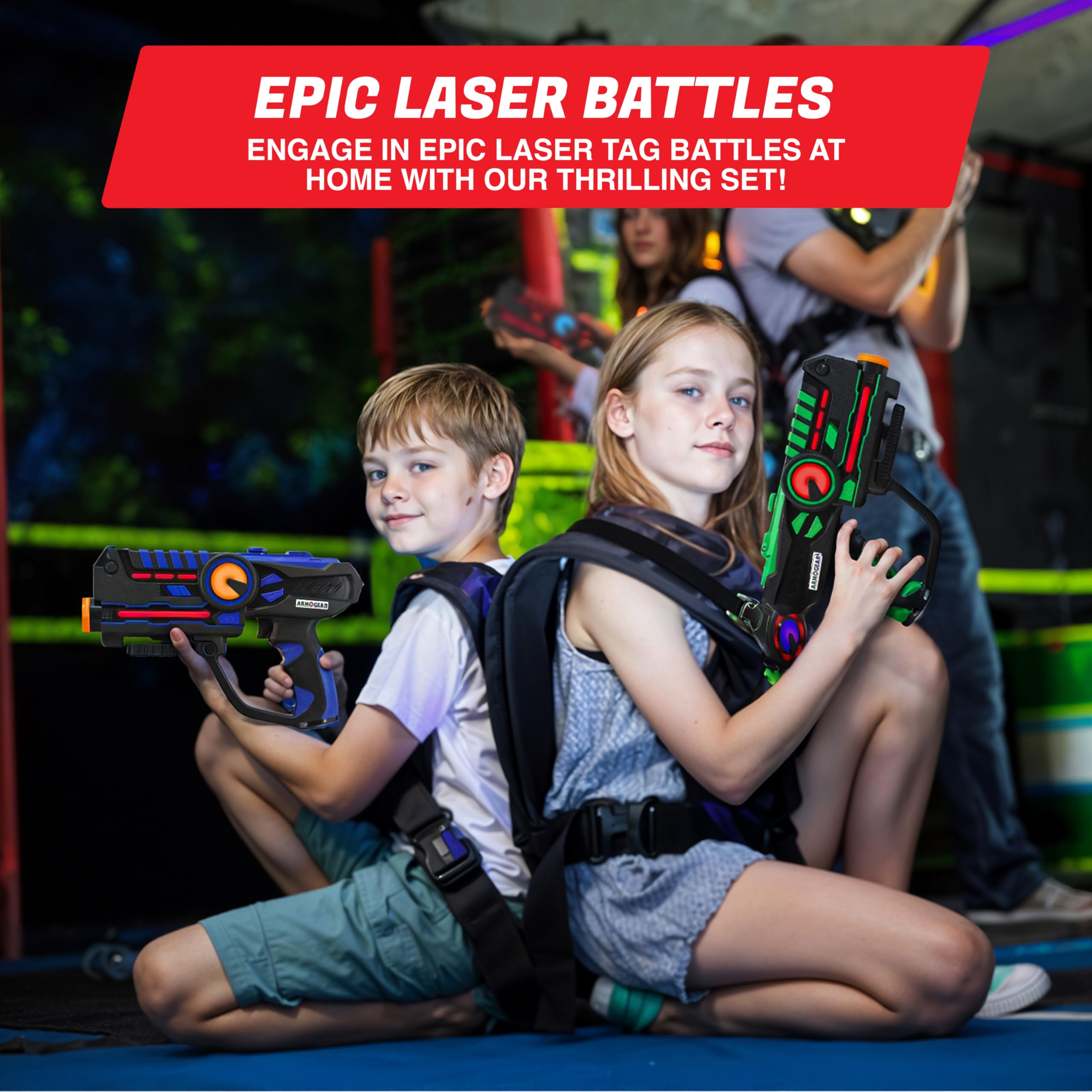 ArmoGear Set of 4 Laser Tag Guns with Vests - Laser Tag Set for Kids and Adults - Toy Guns with 150 ft Range, Night Vision, Invisibility Mode - Battery Operated - Multiplayer Outdoor Game for Ages 8+