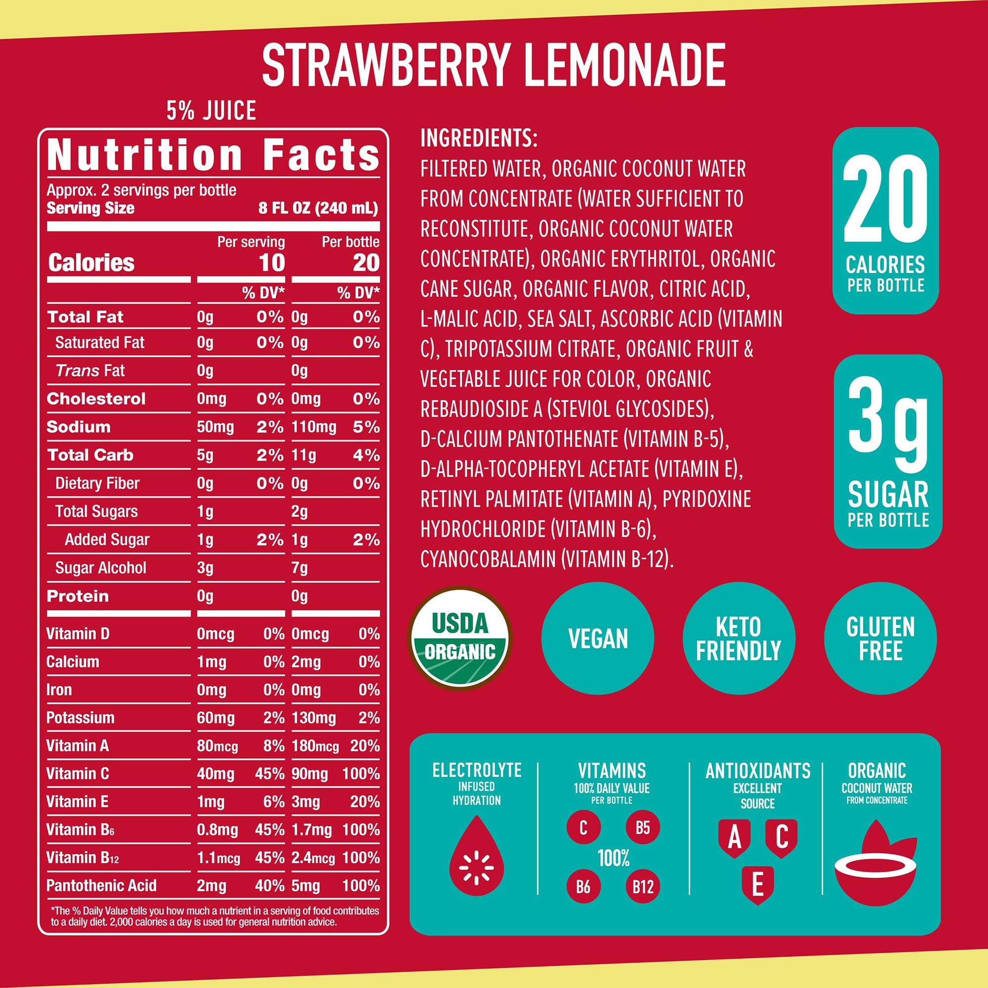 ROAR Complete Hydration Organic - Electrolyte Drinks Loaded with Vitamins C, B5, B12 - Non-GMO, Gluten-Free - Strawberry Lemonade - 12 pc