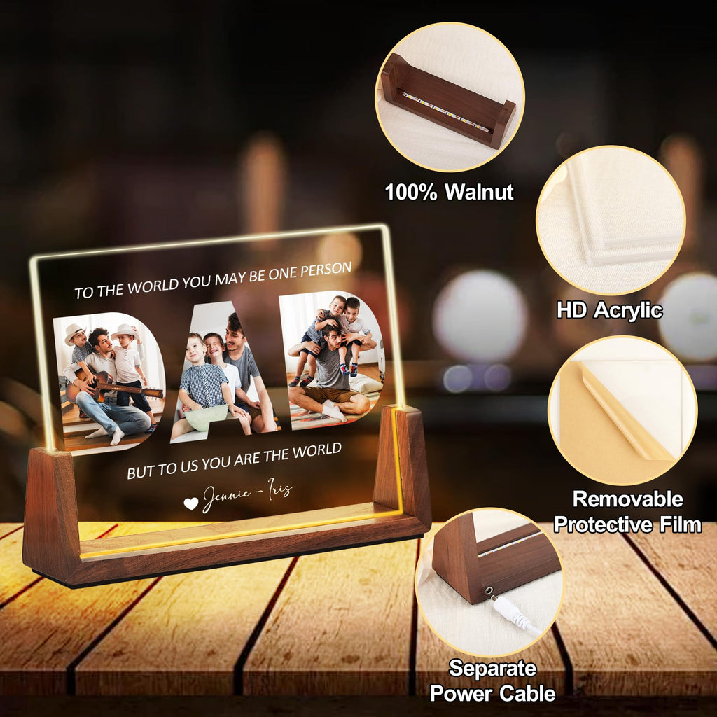 Personalized Fathers Day Birthday Gifts For Daddy Dad From Daughter Son Wife, Custom Acrylic Plaque Light Up Picture Frame, Customized Dad Gifts For Husband Men Papa Fathers Day Christmas