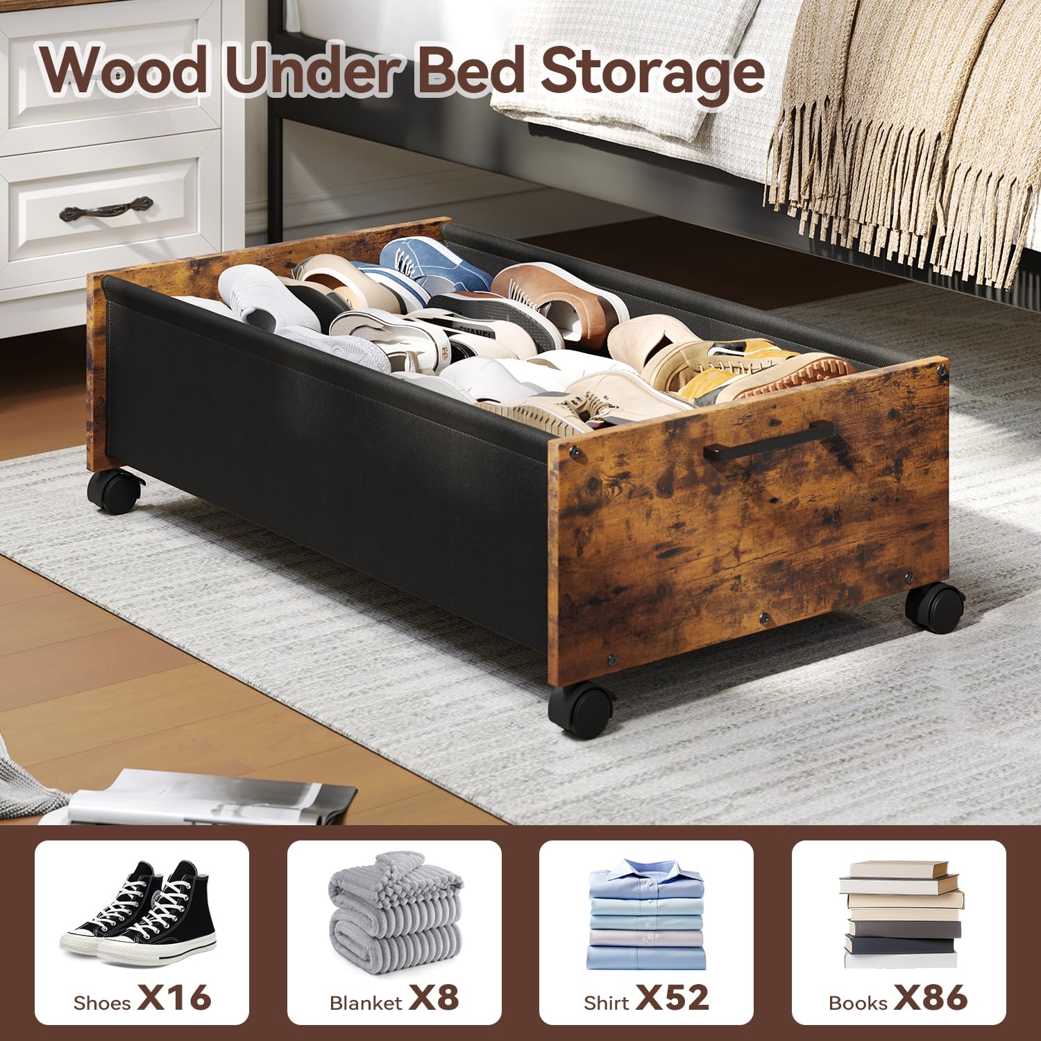FOUCSSOMEI Under Bed Storage with Wheels, Wooden Under Bed Drawers On Wheels, Rolling Under Bed Shoe Storage, Space Saving, Black,30L