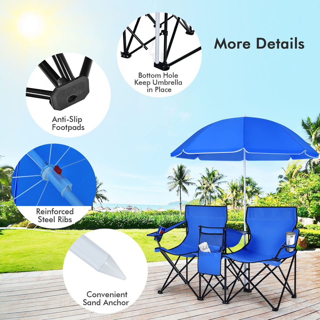 COSTWAY Double Portable Picnic Chairs, Folding Camping Chairs w/Detachable Umbrella, Cooler Bag, Cup Holders, Patio Beach Camping Chairs for Outdoors