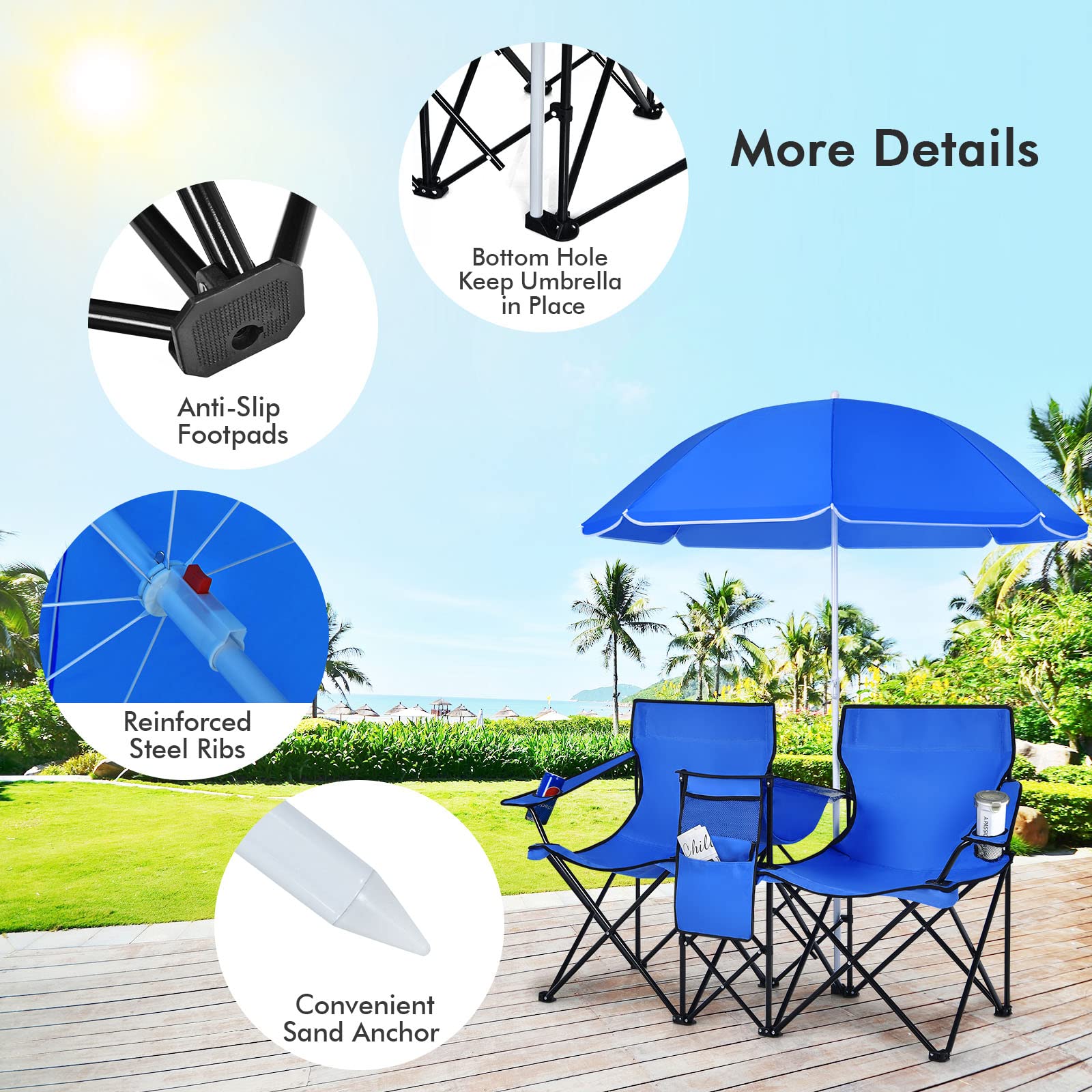 COSTWAY Double Portable Picnic Chairs, Folding Camping Chairs w/Detachable Umbrella, Cooler Bag, Cup Holders, Patio Beach Camping Chairs for Outdoors