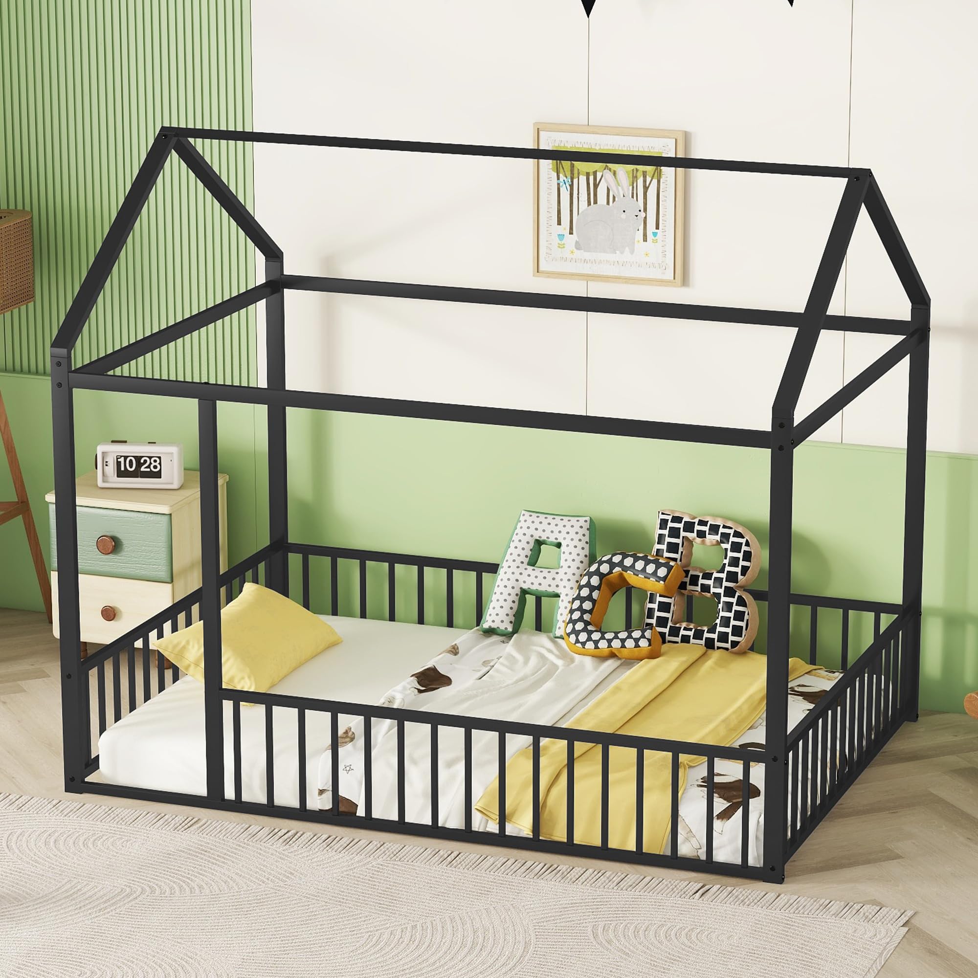 Bellemave Twin Size Montessori Floor Bed, Metal House Bed Framefor Kids, Montessori Floor Beds with Fence, Playhouse for Kids,Black