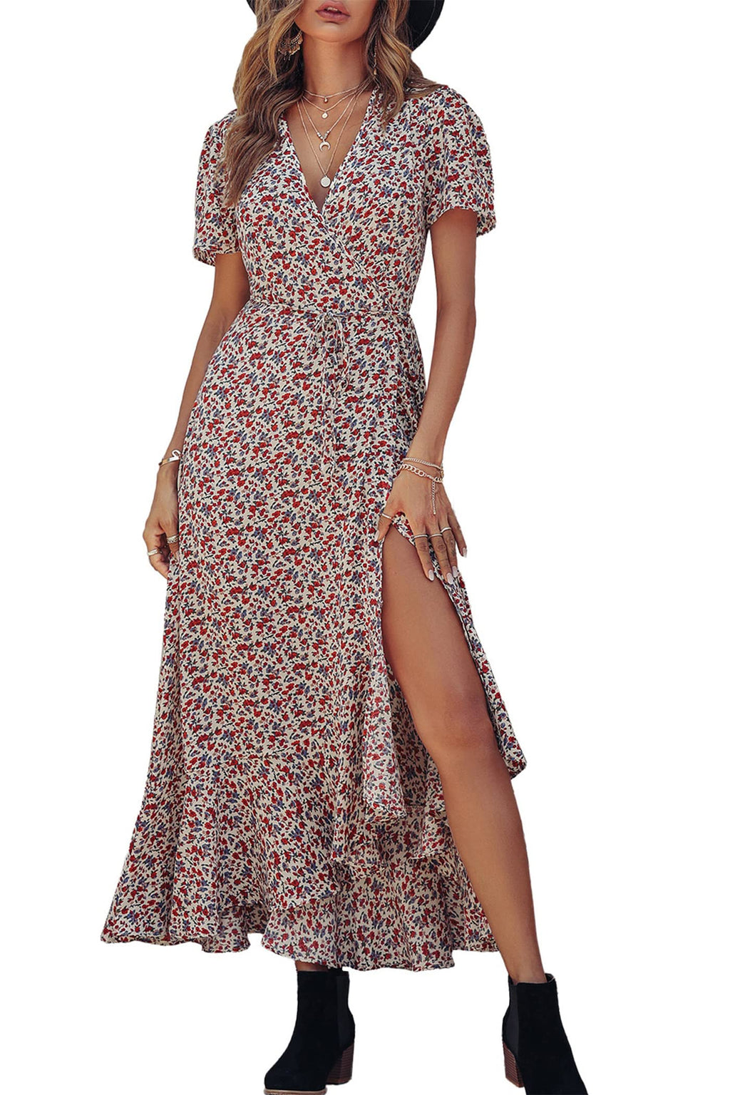 PRETTYGARDEN Women's Boho Floral Maxi Dress Summer Short Sleeve Wrap V Neck Long Flowy Beach Vacation Wedding Guest Dresses