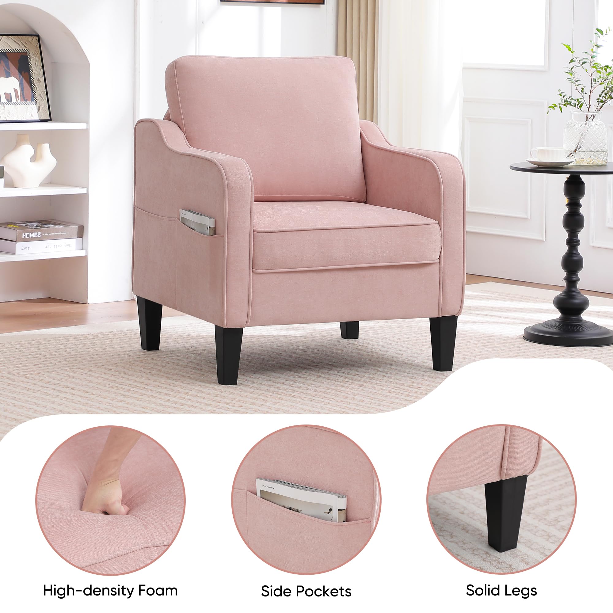 Accent Chair for Living Room, Mid Century Modern Reading Chair for Bedroom, Upholstered Armchair with Side Pockets, Comfy Single Sofa Side Chair for Office, Apartment, Small Room, Beige