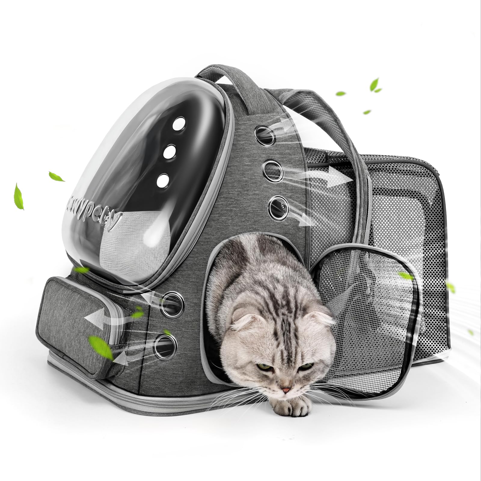 Cawypety Cat Backpack Carrier, Breathable Cat Carrier Large Space Bubble Pet Backpack for Kitty Small Dog up to 12lbs, Transparent & Foldable Pet Carrier for Travel Hiking (Black