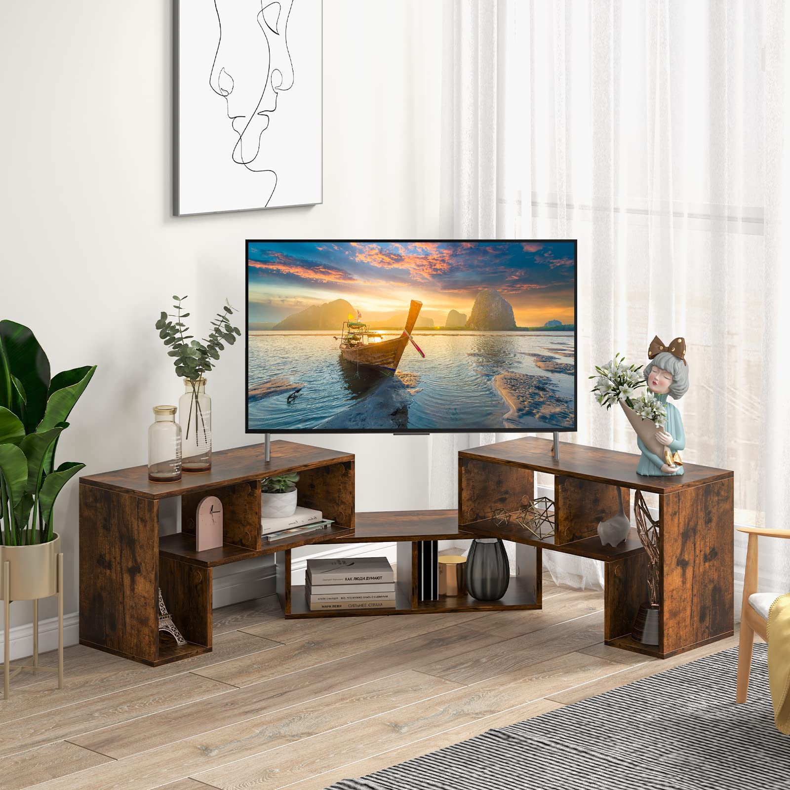 Tangkula 3 Pieces Console TV Stand, Free-Combination Entertainment Center for 50 55 60 65 Inch TV, Minimalist Modern TV Media Stand, DIY Open Storage Bookcase Shelf for Living Room (Black)