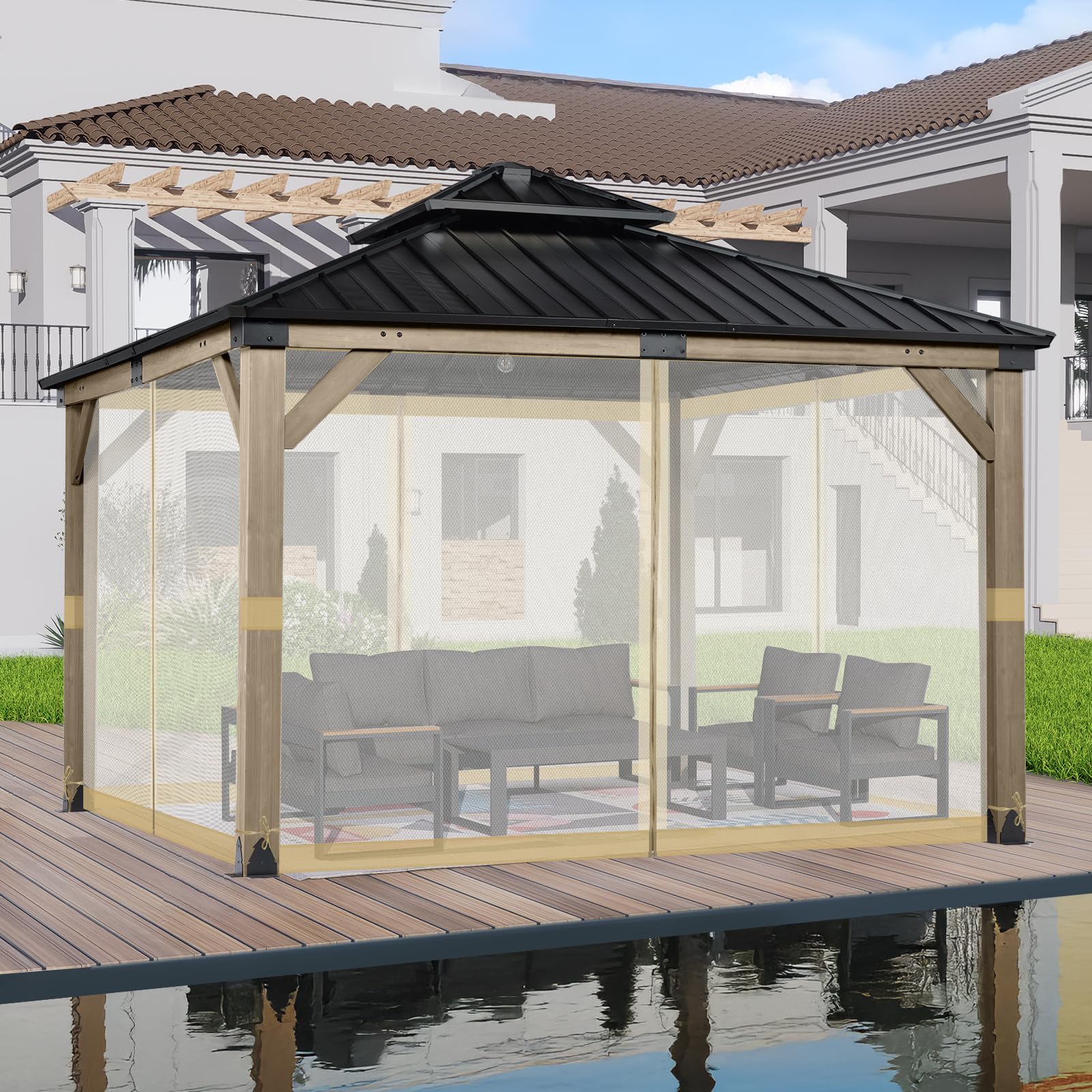 BPS 10' x 10' Gazebo Universal Mosquito Netting Screen Replacement, 4-Panel Mesh Screen Walls with Double Zippers for Outdoor Patio, Khaki (Mosquito Net Only)