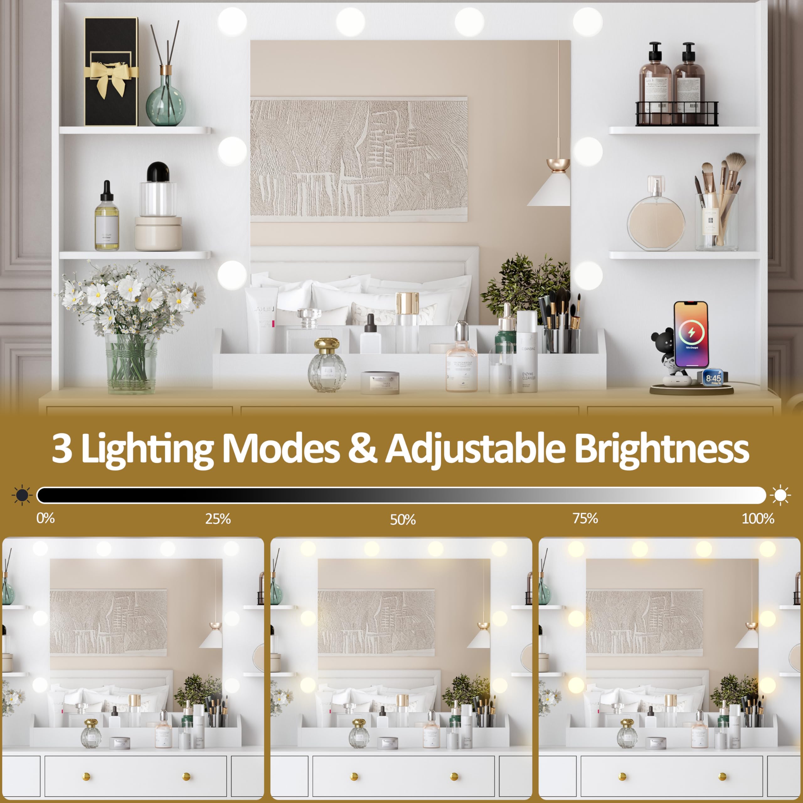 HUANLEGO Vanity Desk with Mirror and Lights, Makeup Vanity with Mirror and LED Lights & Power Outlet, 3 Drawers and Cabinets, 3 Lighting Modes Dressing Table Set for Girls Women Bedroom,Oak