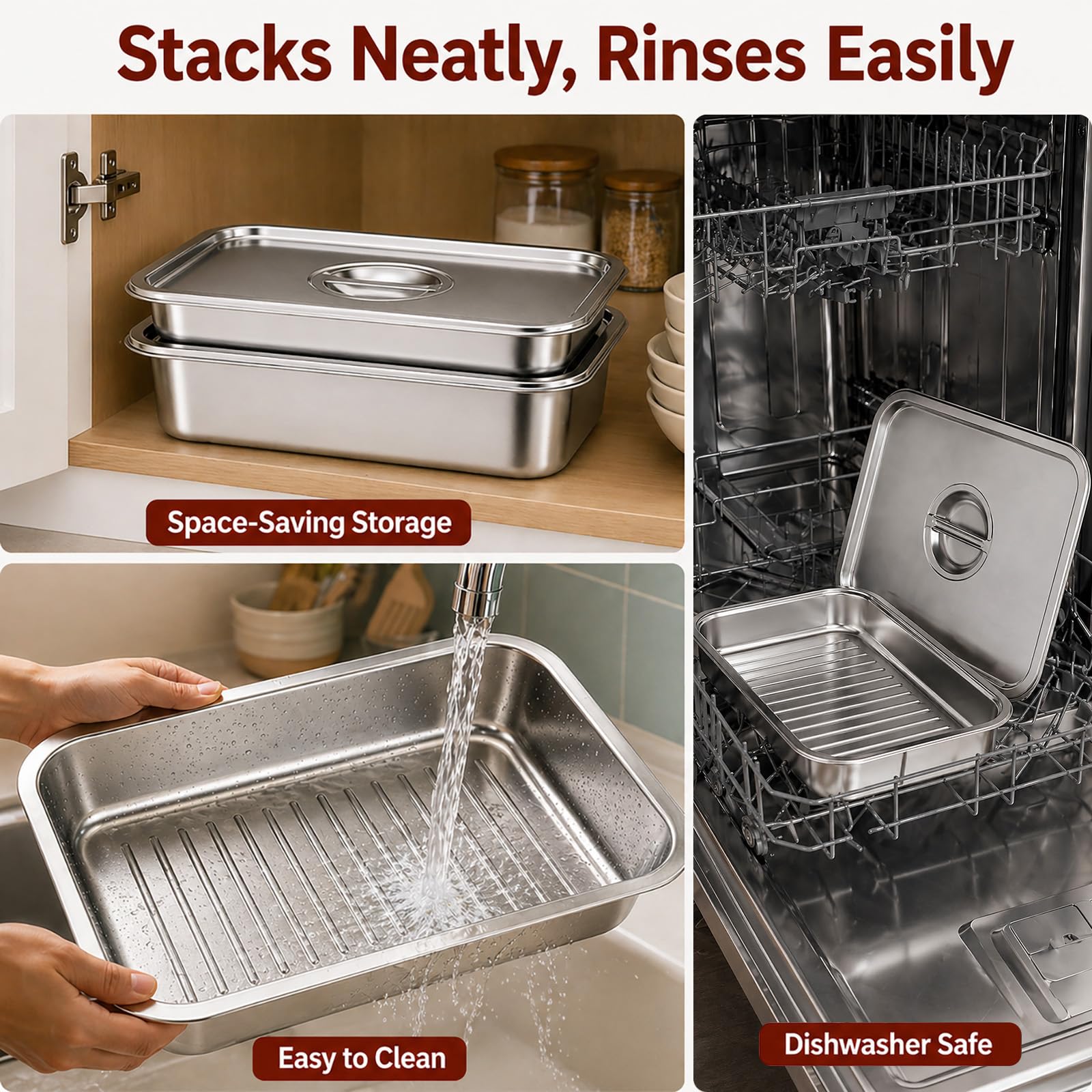 Grill Prep & Serve Tray Set with Lids, 5-Piece Food Prep System for Marinating, Carrying & Serving, Stainless Steel BBQ Trays for Raw & Cooked Food Separation (Rack Included)