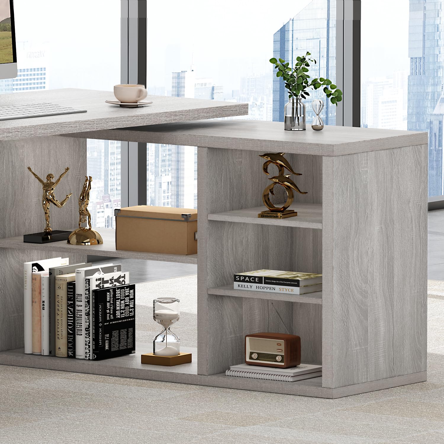 HSH Black L Shaped Computer Desk, Corner Desk with Storage Cabinet Shelves, Reversible Industrial Wood Executive Workstation, L-Shaped Home Office Table for Work Study Writing Gaming, 55 Inch