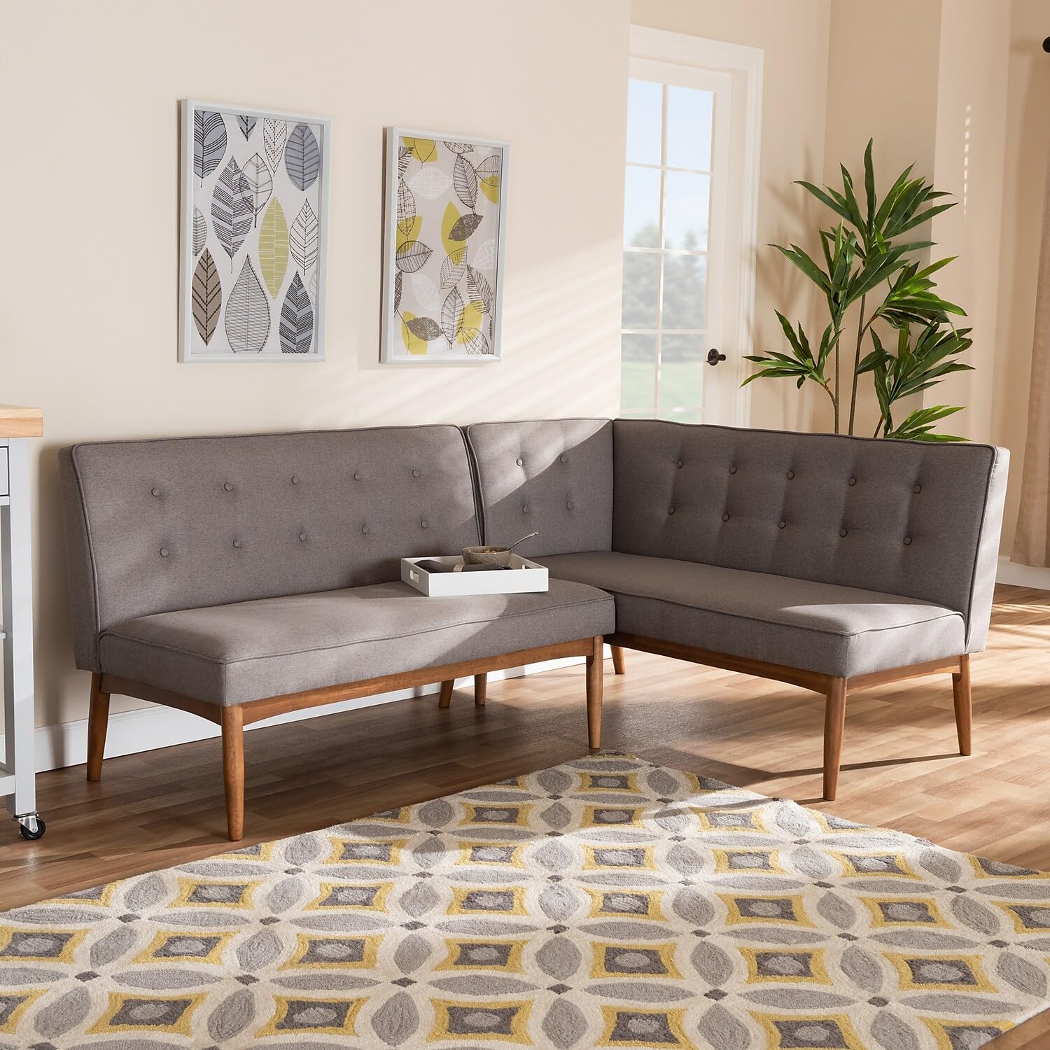Baxton Studio Arvid Mid-Century Modern Dark Brown Faux Leather Upholstered 2-Piece Wood Dining Corner Sofa Bench