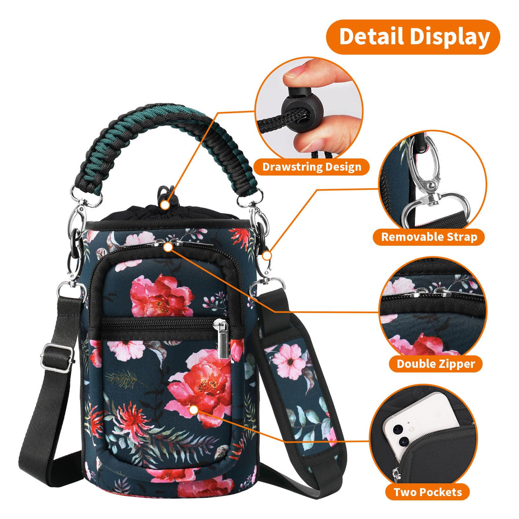 AceTreker 32/40/64/128 oz Neoprene Insulated Water Bottle Carrier Bag, Sling Bag Sleeve Pouch Holder with Strap & Paracord Handle and 2 Pocket for Travelling, Hiking, Camping