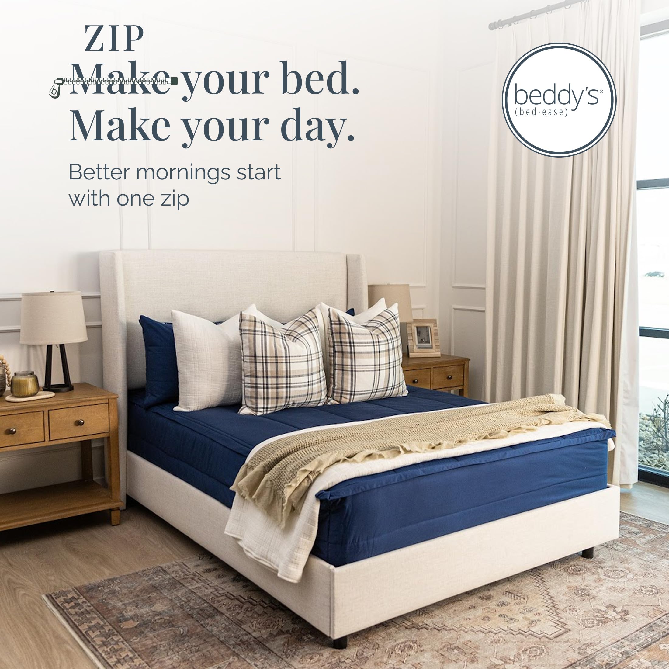 Beddy's Navy Blue All-in-One Zipper Bedding Set - Minky Lined - Twin | Smooth-Glide Zippers, Durable Construction, Easy To Make & Wash, 100% Cotton Exterior, Includes Pillowcase & Sham