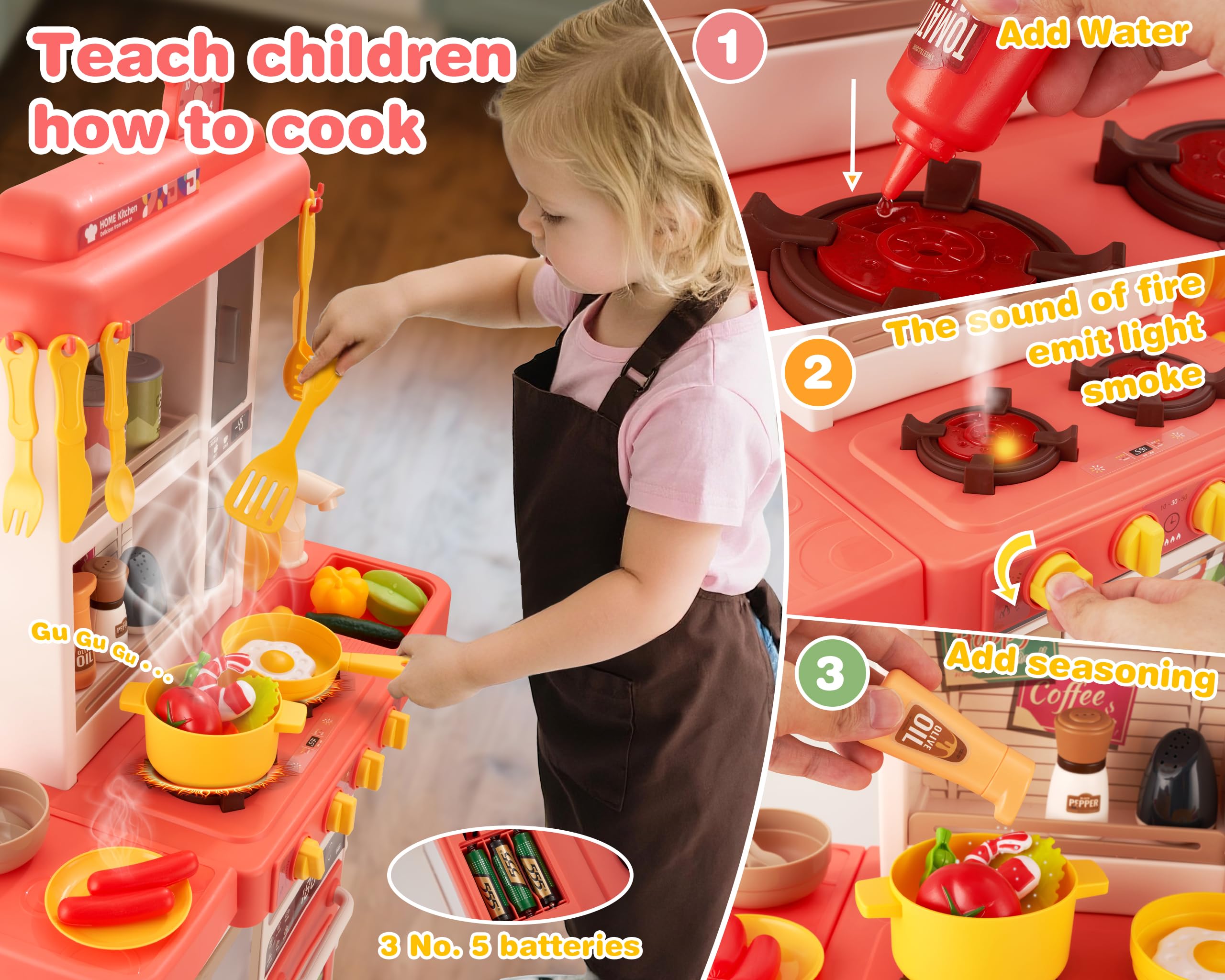 Kids Kitchen Play Set，Interactive Kids Kitchen Play Set with 50Pcs of Pretend Kitchen Toys，Realistic Sound Effects，and Simulated Functionality - Suitable for Toddlers Aged 3-5 Years (Green)