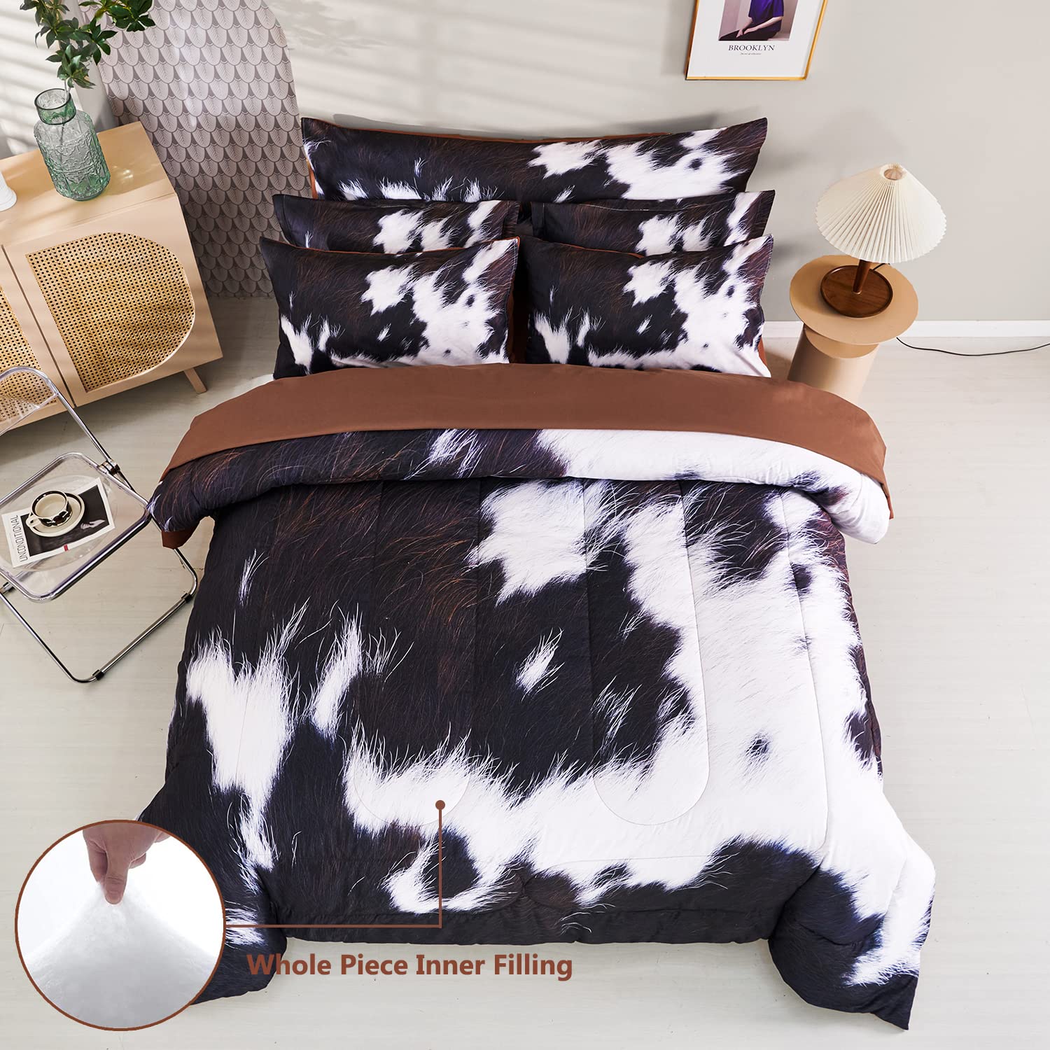 SUCSES Full Size Comforter Set with Sheets 8 Piece Cow Print Bedding Set for Boys Girls Black and White Kids Bed-in-A-Bag Farmhouse Rustic Bed Set for Bedroom (Milk Cow, Full)