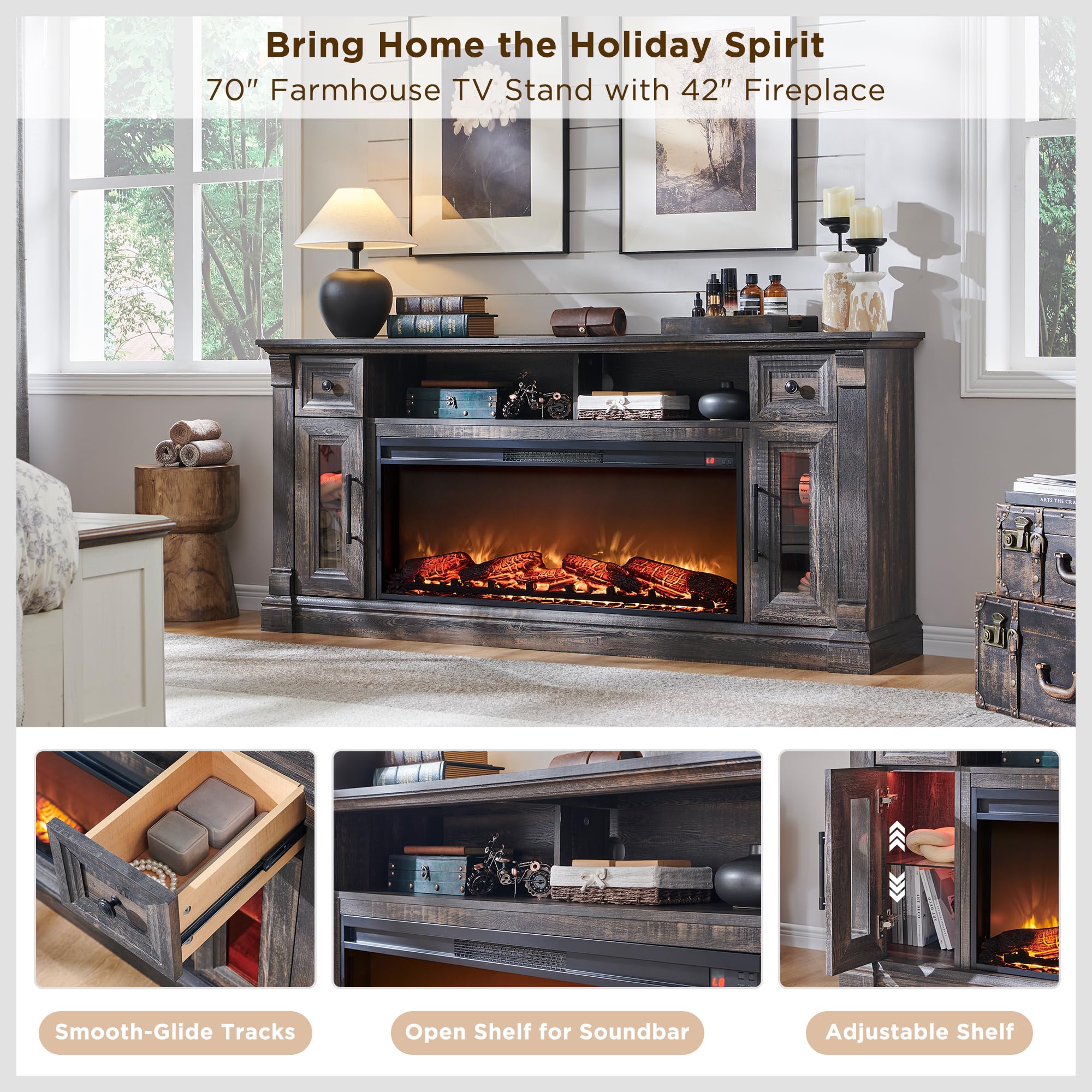 OKD Fireplace TV Stand for 80 Inch TV - Farmhouse Entertainment Center with 42" Electric Fireplace & LED Lights, Wood Media Console with Storage Drawers & Cabinets for Living Room, Antique White