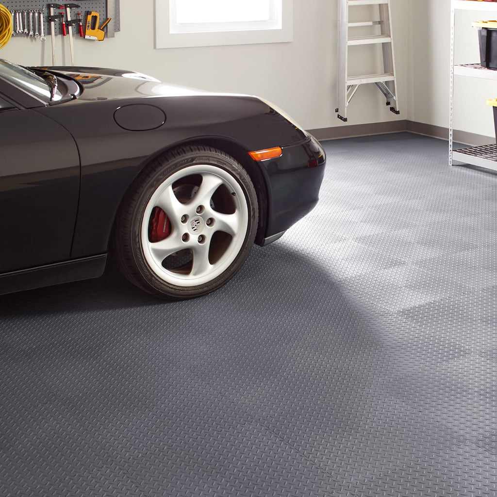 VersaTex Garage Floor 18 x 18 inch Square Rubber Diamond Plate Interlocking Floor Tiles for Home Gym, Garage Flooring, Trade Show Flooring, Basement Tiles, 24 Pack (Black)