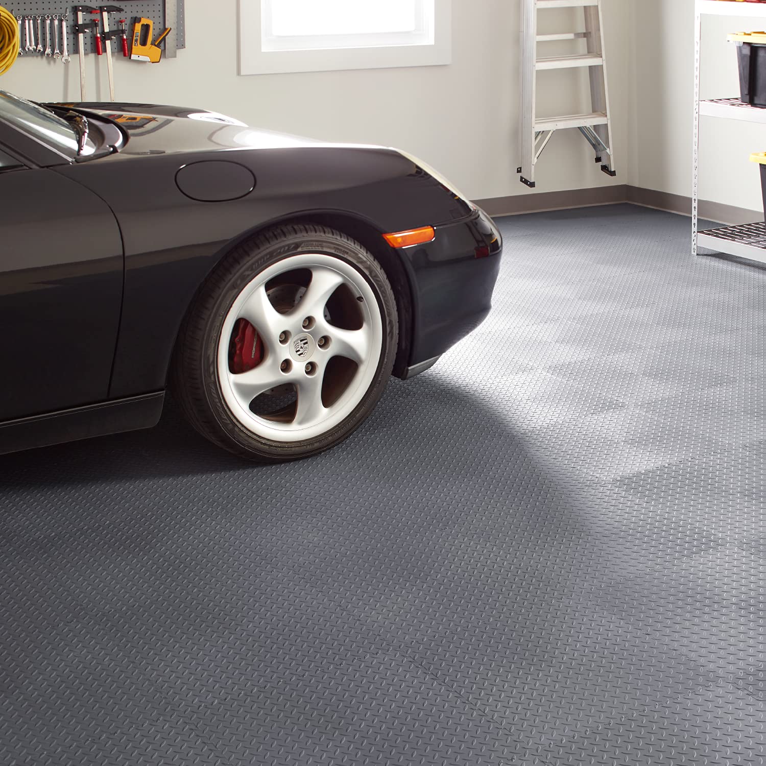 VersaTex Garage Floor 18 x 18 inch Square Rubber Diamond Plate Interlocking Floor Tiles for Home Gym, Garage Flooring, Trade Show Flooring, Basement Tiles, 24 Pack (Black)