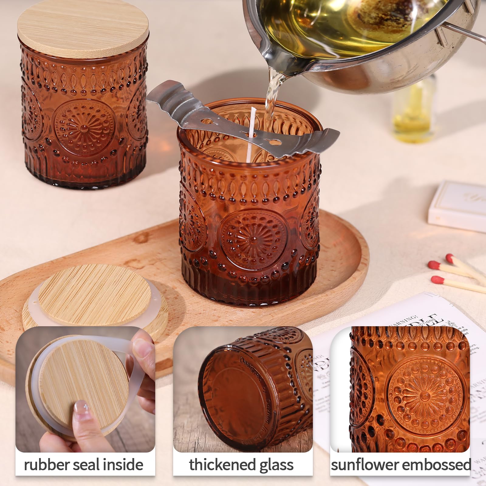 DARJEN 10 Pack Amber Candle Jars for Making Candles- 7.5 OZ Empty Glass Candle Making Jars with Bamboo Lids and Labels, Candle Making Supplies Candle Containers for Home DIY