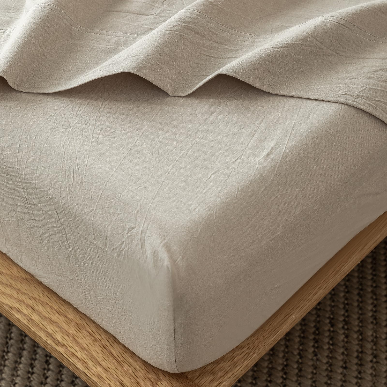 MooMee Fitted Bottom Sheet Only 100% Washed Cotton Linen Like Textured Breathable Durable Soft Comfy Deep Pocket Fits Mattress up to 17" (Almond Milk Grey, Twin)