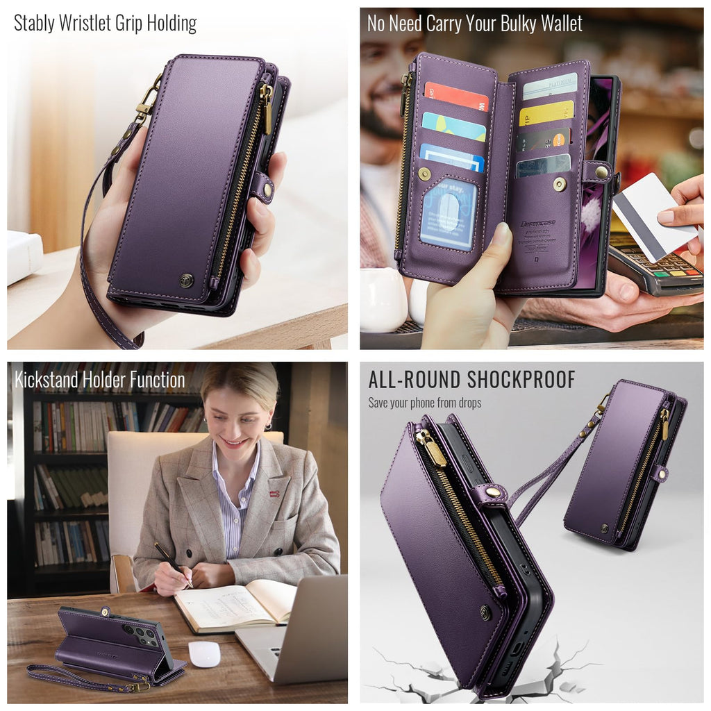Defencase for Samsung Galaxy S25 Ultra Magnetic Wallet Case Compatible with Magsafe with RFID Blocking Zipper & Card Holder Women, PU Leather Detachable Phone Case for Galaxy S25 Ultra 6.9", Black