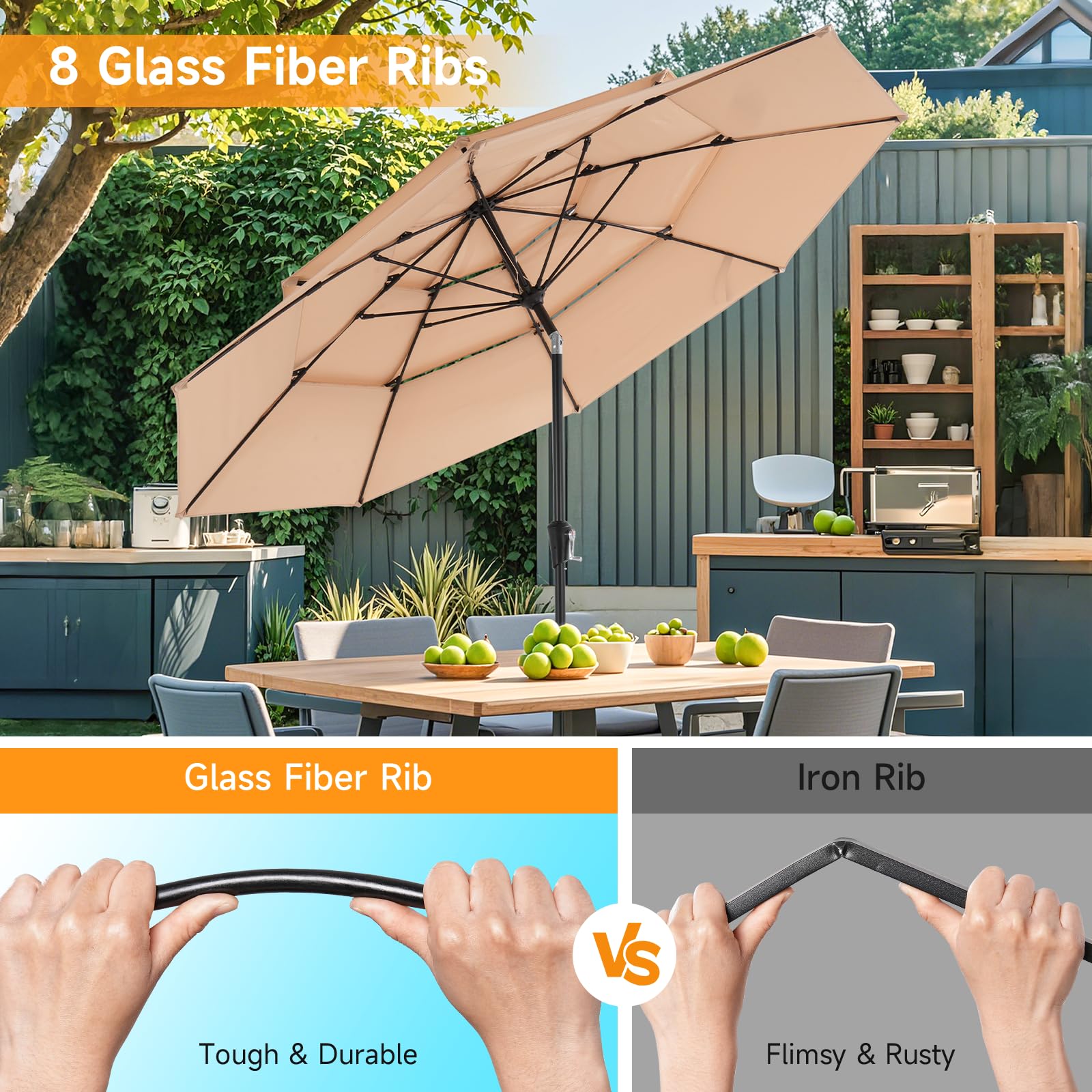 ONBRILL 10 FT Patio Umbrella, 3 Tier Outdoor Table Umbrella with 8 Sturdy Glass Fiber Ribs and Push Button Tilt, Outdoor Patio Umbrellas for Market Pool Garden Backyard, 1.5" Pole, Blue (No Base)