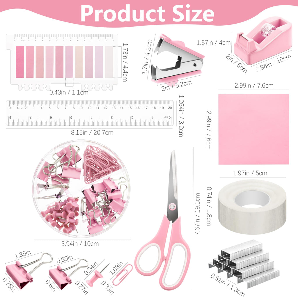 Fayoo 11 Pcs Pink Office Supplies Set Mesh Desk Organizer Accessories Kit include Stapler Tape Dispenser Staple Remover Clips Ruler Scissors Sticky Notes for Office School Home Women (Pink)