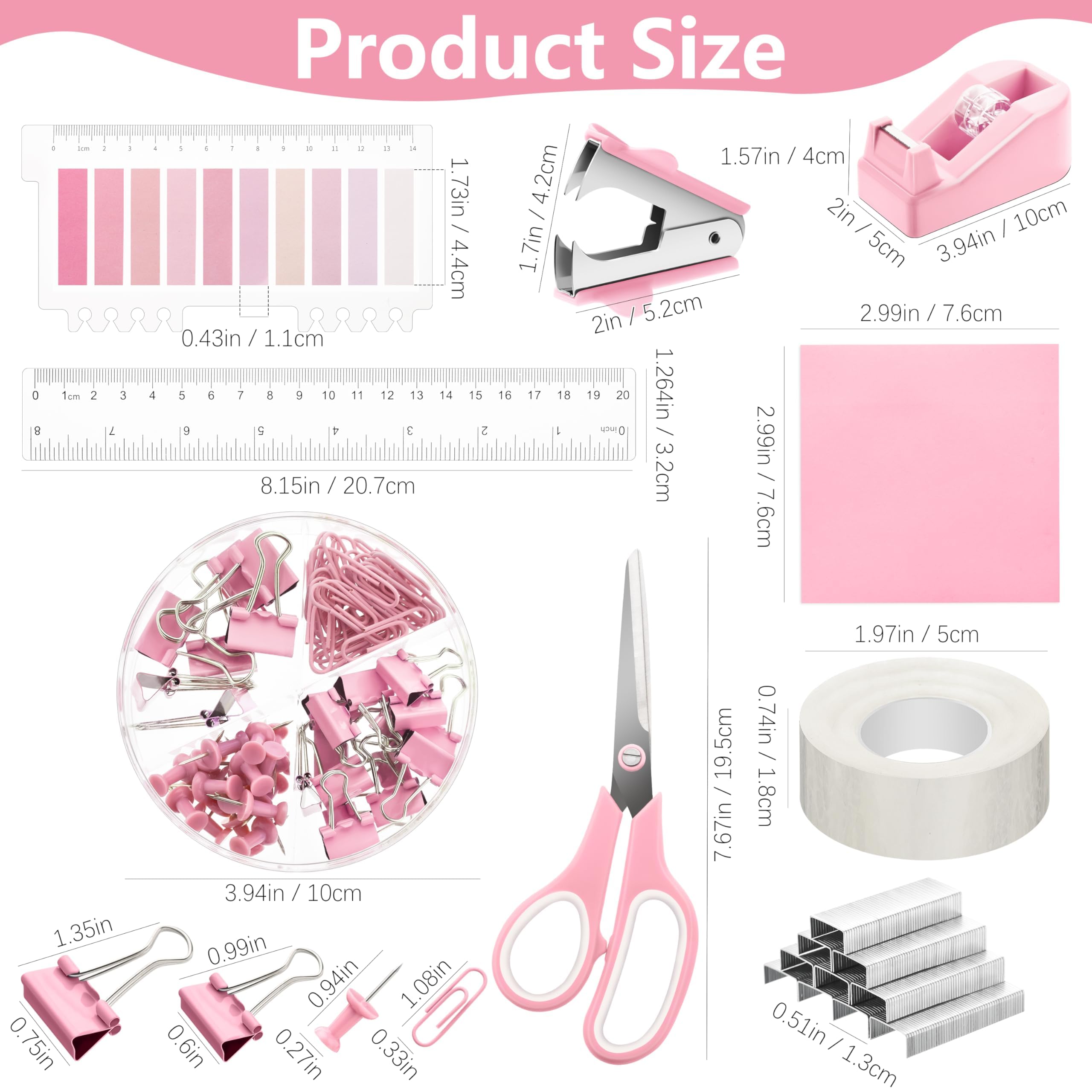 Fayoo 11 Pcs Pink Office Supplies Set Mesh Desk Organizer Accessories Kit include Stapler Tape Dispenser Staple Remover Clips Ruler Scissors Sticky Notes for Office School Home Women (Pink)