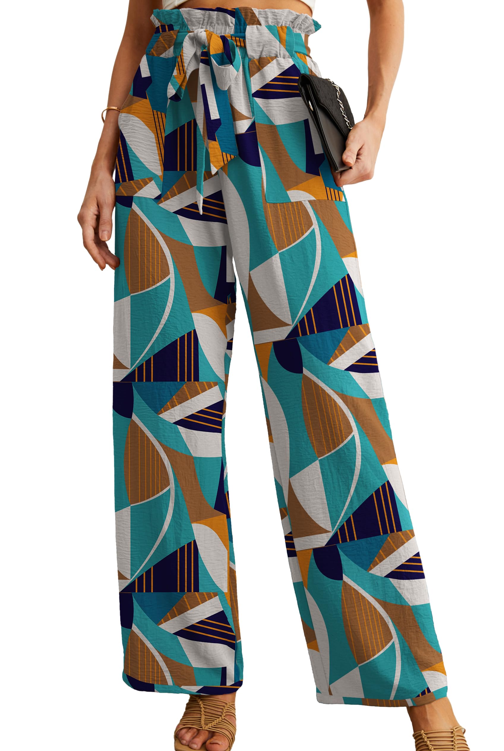 IWOLLENCE Women High Waist Palazzo Pants, Adjustable Knot Ankle Wide Leg Trousers Pockets Beach Vacation Lounge Office