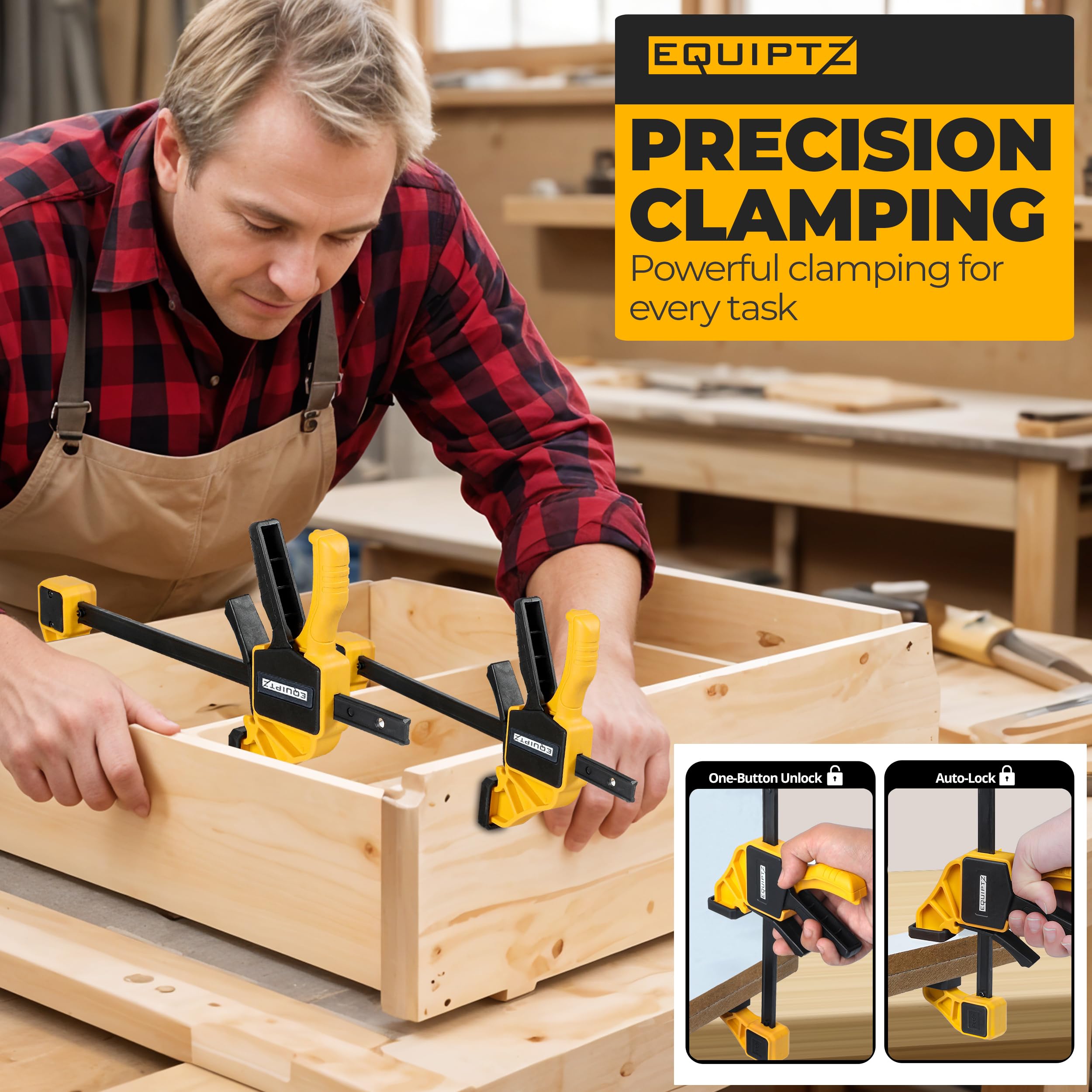 EQUIPTZ 6 Pack Bar Clamps for Woodworking – 2 Pcs 12" & 4 Pcs 6" Quick Grip Clamps Set with 150 lbs Force – Wood Clamps for Gluing, Carpentry, DIY, and Metalworking (Combo Sizes, 6 Pack)