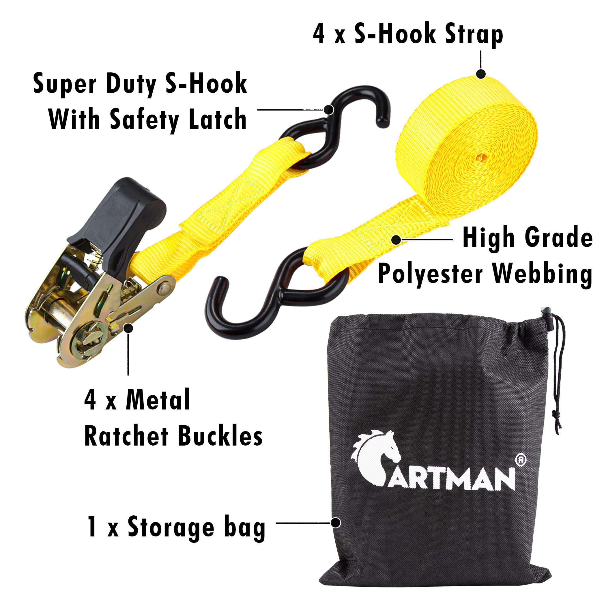 Cartman Ratchet Tie Down, 4Pk 15Ft, 500Lbs Load Cap/ 1500Lbs Break Strength, Cargo Straps for Moving Appliances, Lawn Equipment, Motorcycle in a Truck, with Carry Bag