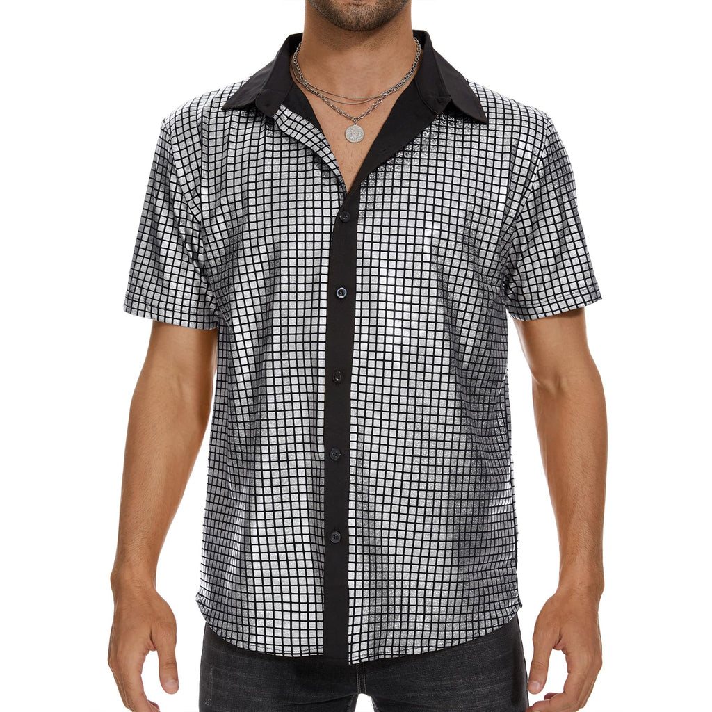 Zando Men's Sequin 70s 80s Disco Shirt - Retro Short Sleeve Button Up Costume Halloween New Year Party Outfit Top & Clubwear