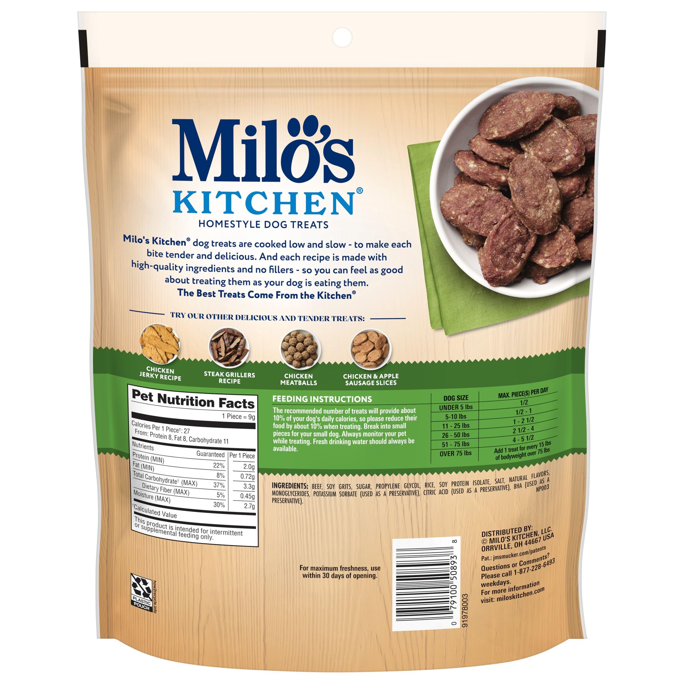 Milo's Kitchen Homestyle Dog Treats, Beef Sausage Slices, 10 Ounce, High Protein, No Artificial Flavors