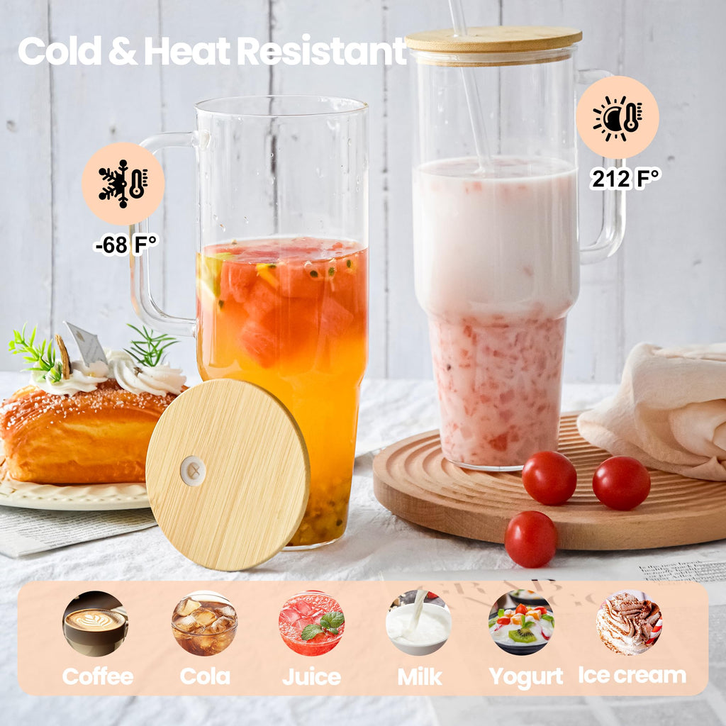 40 oz Glass Tumbler with Handle 12 Pack Glass Tumbler with Straw and Lid Clear Reusable Iced Coffee Cup, Fits Car Cup Holder, BPA Free, for Boba Tea, Juice, Smoothie, Beer(Sublimatable)
